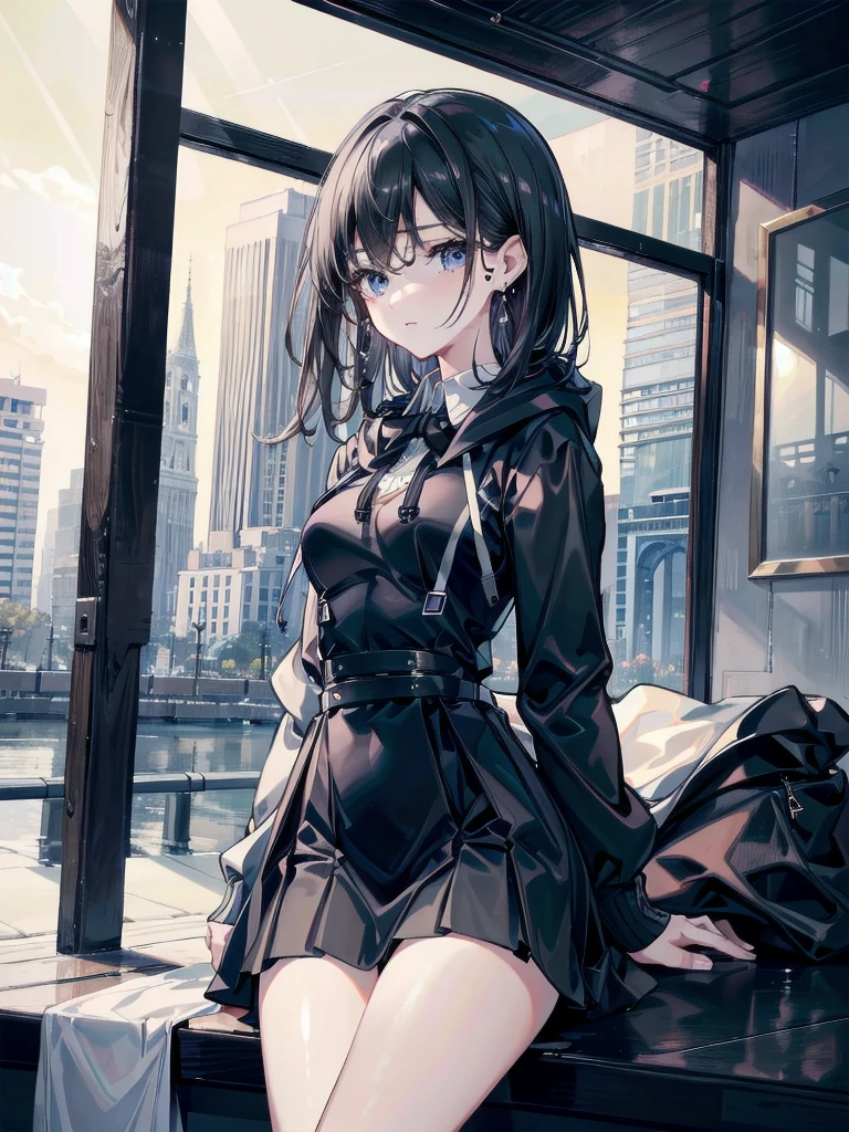 absurdres, RAW photo, extremely delicate and beautiful, masterpiece, Best Quality, ultra high resolution, 32k, hyperrealistic, ultra-detailed, delicate facial features, beautiful detailed woman, tearful mole, earring, medium breasts, full body shot, medium hair, black hair, hoodie, jacket, skirt, collared dress shirt,