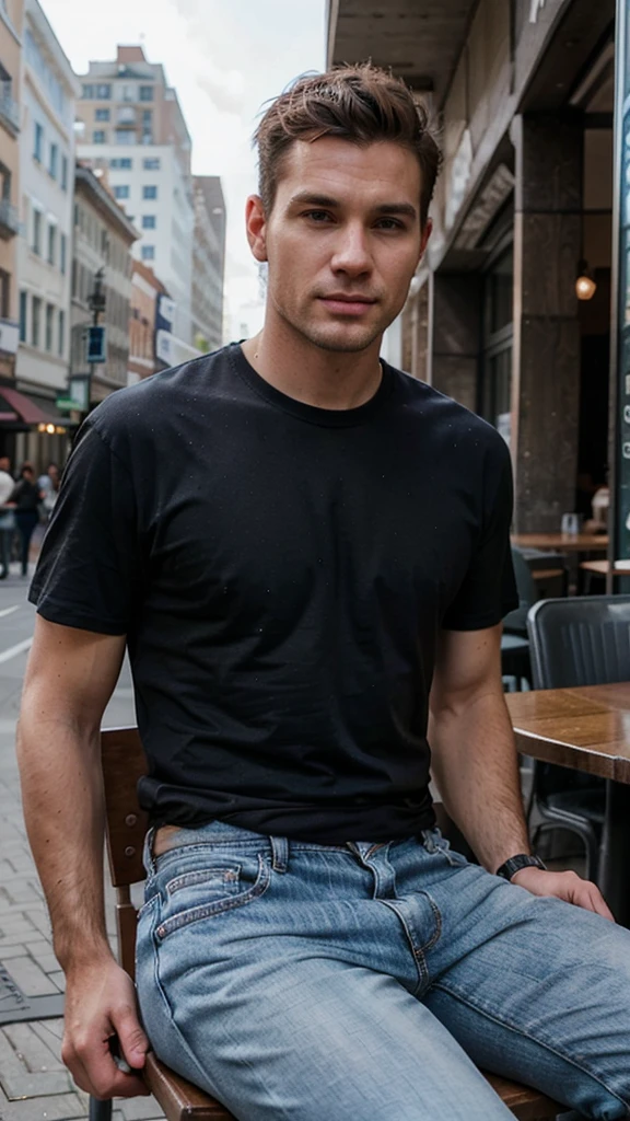 Generate me a realistic handsome goss businessman in portrait sitting wearing t-shirt and jeans, There will be a cafe in the background