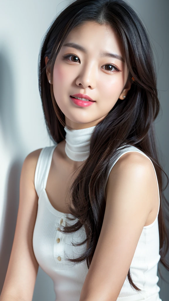 vivid,Normal chest,(between legs),cute,(Detailed face),White sleeveless turtleneck dress,Ultra-high resolution,(Photorealistic:1.7),Black long hair,Gray background,