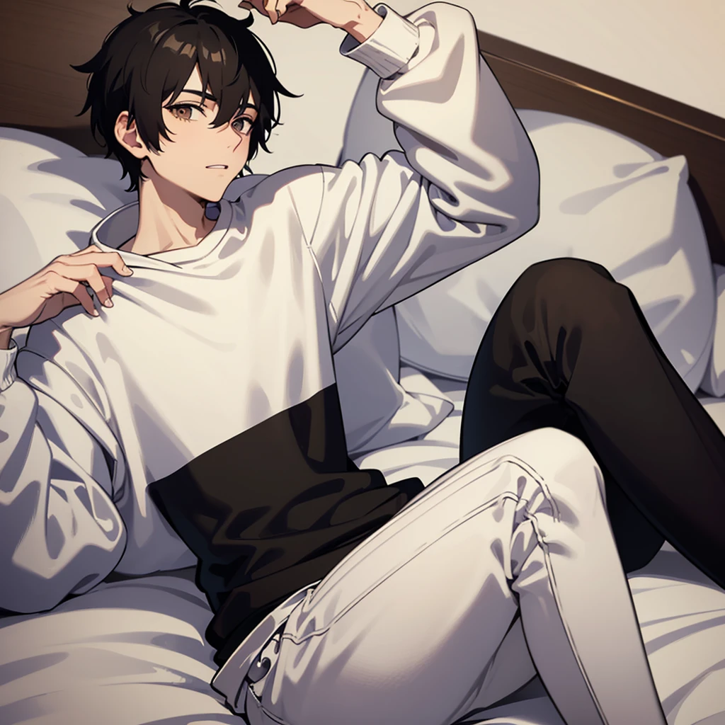 Slim guy with short black hair uses round lenses, white skin brown eyes, He has a band-aid on his nose and is wearing a white sweatshirt with black baggy pants..