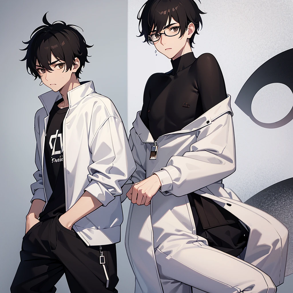Slim guy with short black hair uses round lenses, white skin brown eyes, He has a band-aid on his nose and is wearing a white sweatshirt with black baggy pants..