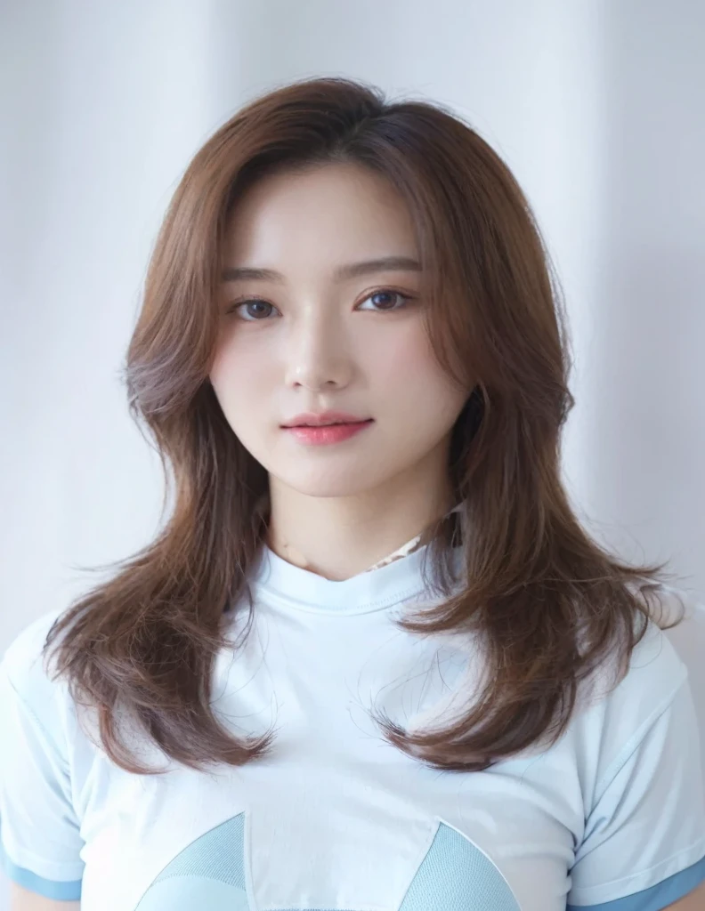 Best Quality, 8k, Masterpiece, (Portrait: 1.3), (photo realistic:1.4), (hyper realistic:1.4), Sharp Focus, looking at viewer, (smoother lighting:1.1), (increase cinematic lighting quality:0.9), realistic lighting, backlighting, light on face, ray trace, (brightening light:1.2), (Increase quality:1.4), sharp detail, (best quality real texture skin:1.4), finely detailed eyes, black_eyes, finely detailed face, 25 year old Korean woman, (blue compression_T_shirt :1.7), (Create an image maintaining the original base model hairstyle:1.5)
