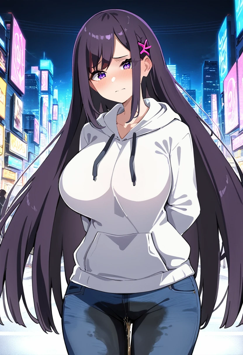 (masterpiece:1.37), best quality, (extremely detailed:1.37), (1girl:1.5), woman, (mature:1.5), (adult:1.5), large breasts, very long hair, (straight hair:1.5), (very dark purple hair:1.5), purple eyes, (extremely detailed eyes:1.37), hoodie, jeans, desperation, (wetting self:1.5), standing, embarrassed, humiliation, blushing, angry, city, futuristic, neon lighting, high-tech, street, skyscraper