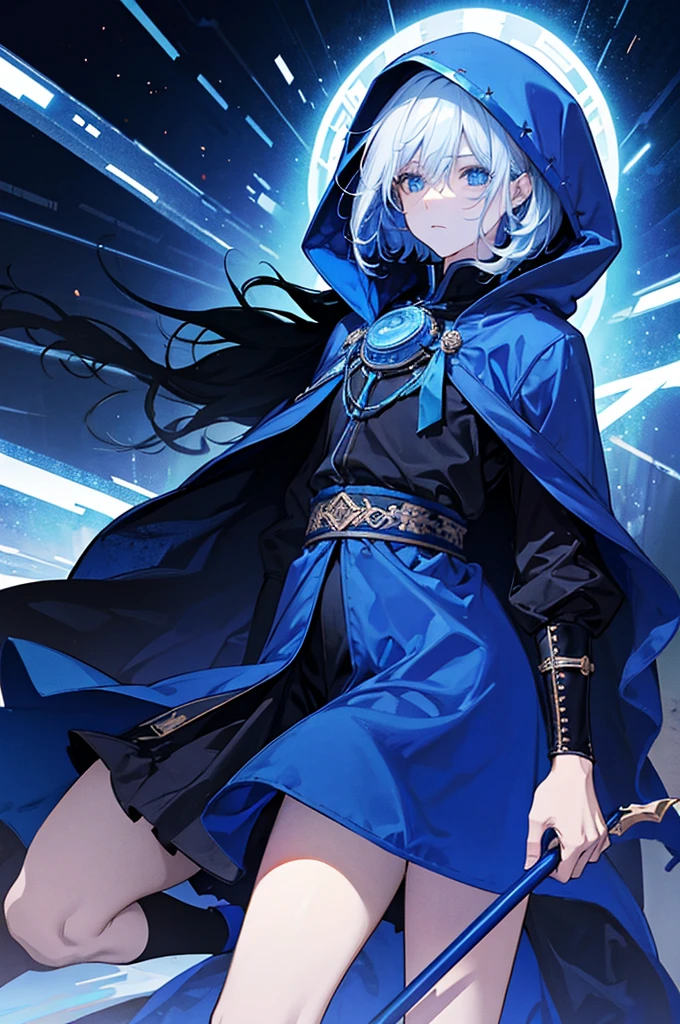Sorcerer Divine Soul, he has a light hair and blue eyes, he wear a hood.