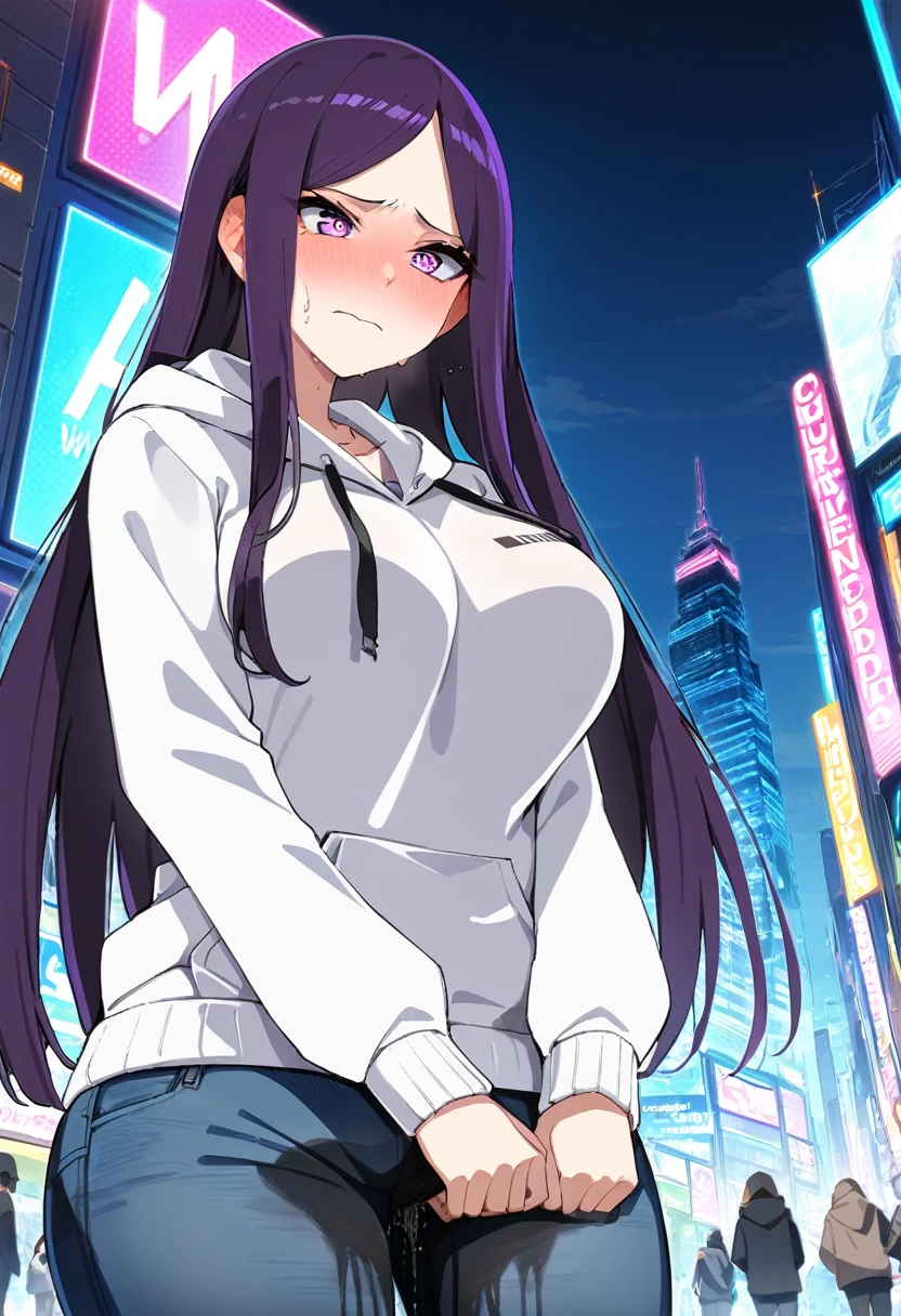 (masterpiece:1.37), best quality, (extremely detailed:1.37), (1girl:1.5), woman, (mature:1.5), (adult:1.5), large breasts, very long hair, (straight hair:1.5), (very dark purple hair:1.5), purple eyes, (extremely detailed eyes:1.37), hoodie, jeans, desperation, (wetting self:1.5), standing, embarrassed, humiliation, blushing, angry, city, futuristic, neon lighting, high-tech, street, skyscraper