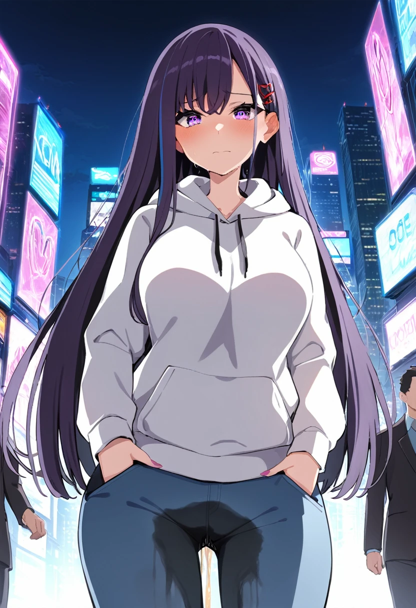 (masterpiece:1.37), best quality, (extremely detailed:1.37), (1girl:1.5), woman, (mature:1.5), (adult:1.5), large breasts, very long hair, (straight hair:1.5), (very dark purple hair:1.5), purple eyes, (extremely detailed eyes:1.37), hoodie, jeans, desperation, (wetting self:1.5), standing, embarrassed, humiliation, blushing, angry, city, futuristic, neon lighting, high-tech, street, skyscraper