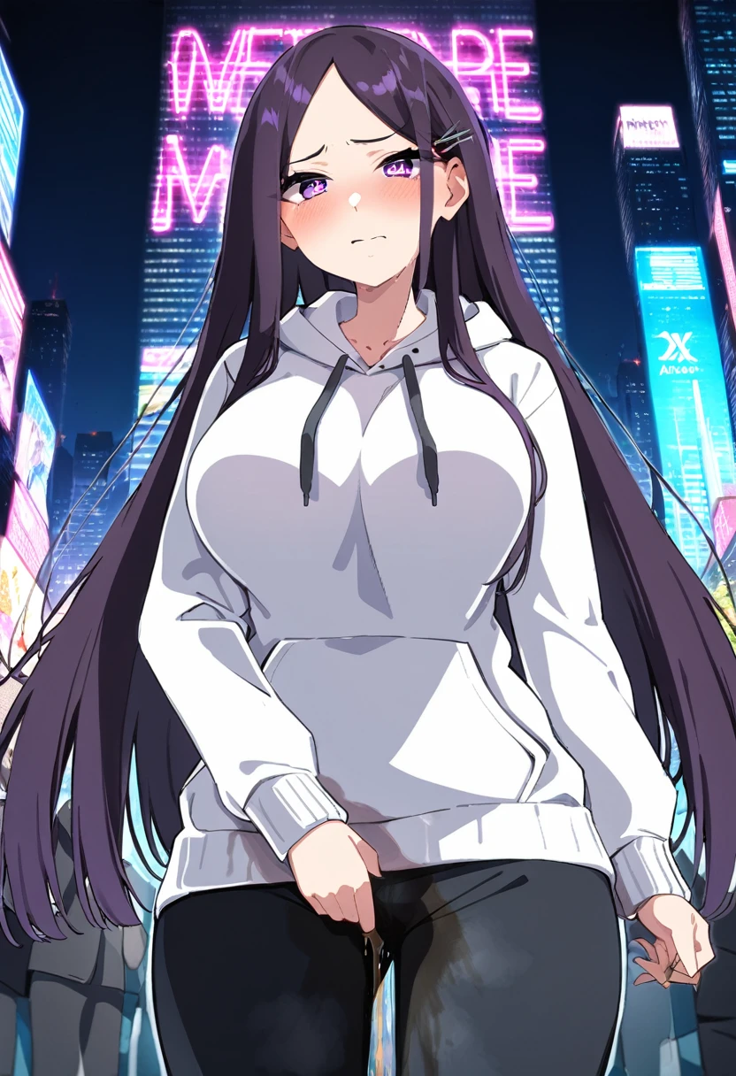 (masterpiece:1.37), best quality, (extremely detailed:1.37), (1girl:1.5), woman, (mature:1.5), (adult:1.5), large breasts, very long hair, (straight hair:1.5), (very dark purple hair:1.5), purple eyes, (extremely detailed eyes:1.37), hoodie, jeans, desperation, (wetting self:1.5), standing, embarrassed, humiliation, blushing, angry, city, futuristic, neon lighting, high-tech, street, skyscraper