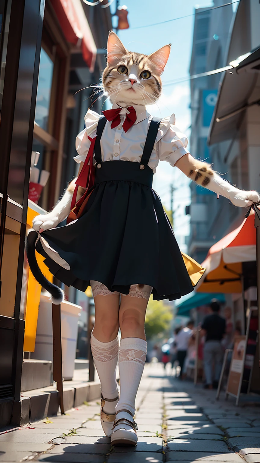(Best Quality, Masterpiece: 1.2), Pressure, 1 Female Maid, Cat Face, Sidewalk of a Shopping District. She is floating at a height of one meter. To express floating in the air, the legs are slightly bent, and the skirt is slightly spread. Be careful when viewing. depth of field, high resolution, ultra-HD, 8k, highly detailed, realistic, sunlight. Clothes for maid work. Ribbons and lace and frills and skirts. knees. photograph. Staring at the camera. face focus. (((Photo taken from below: 1.4)))