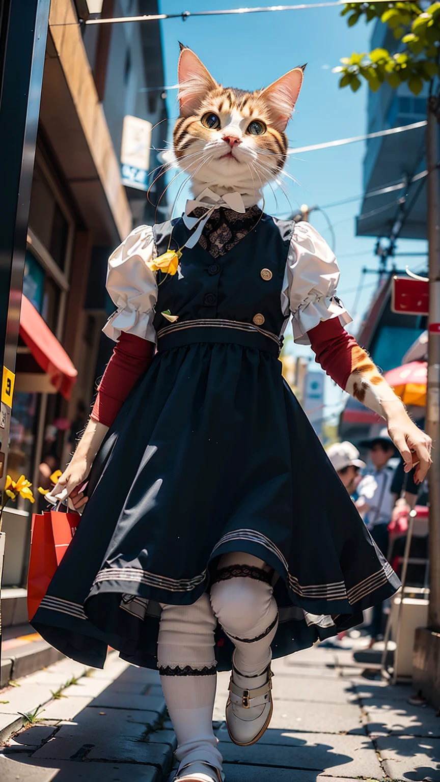 (Best Quality, Masterpiece: 1.2), Pressure, 1 Female Maid, Cat Face, Sidewalk of a Shopping District. She is floating at a height of one meter. To express floating in the air, the legs are slightly bent, and the skirt is slightly spread. Be careful when viewing. depth of field, high resolution, ultra-HD, 8k, highly detailed, realistic, sunlight. Clothes for maid work. Ribbons and lace and frills and skirts. knees. photograph. Staring at the camera. face focus. (((Photo taken from below: 1.4)))