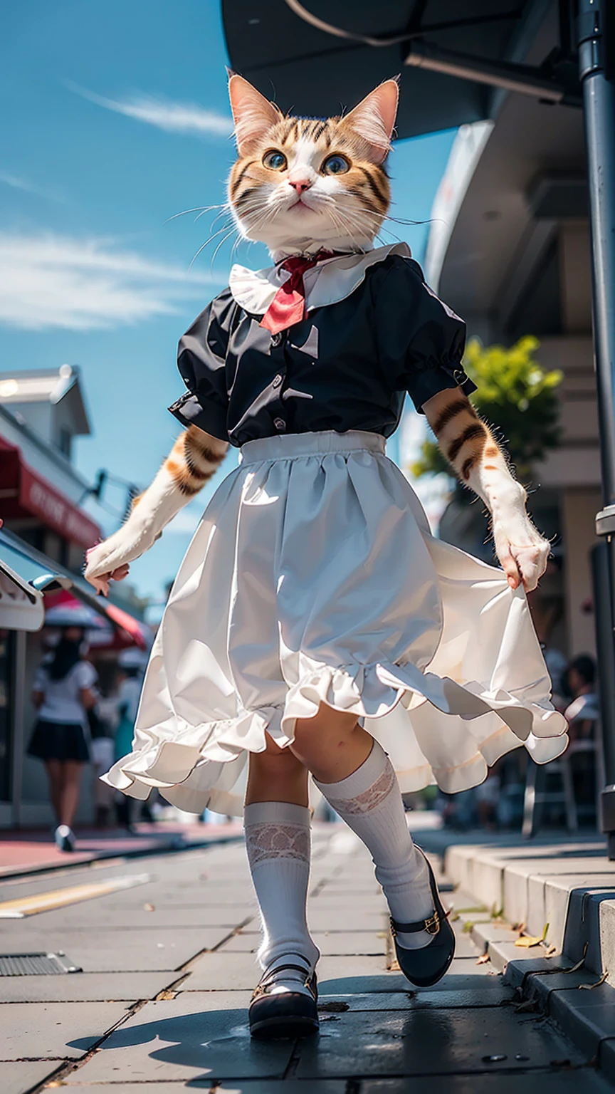 (Best Quality, Masterpiece: 1.2), Pressure, 1 Female Maid, Cat Face, Sidewalk of a Shopping District. She is floating at a height of one meter. To express floating in the air, the legs are slightly bent, and the skirt is slightly spread. Be careful when viewing. depth of field, high resolution, ultra-HD, 8k, highly detailed, realistic, sunlight. Clothes for maid work. Ribbons and lace and frills and skirts. knees. photograph. Staring at the camera. face focus. (((Photo taken from below: 1.4)))