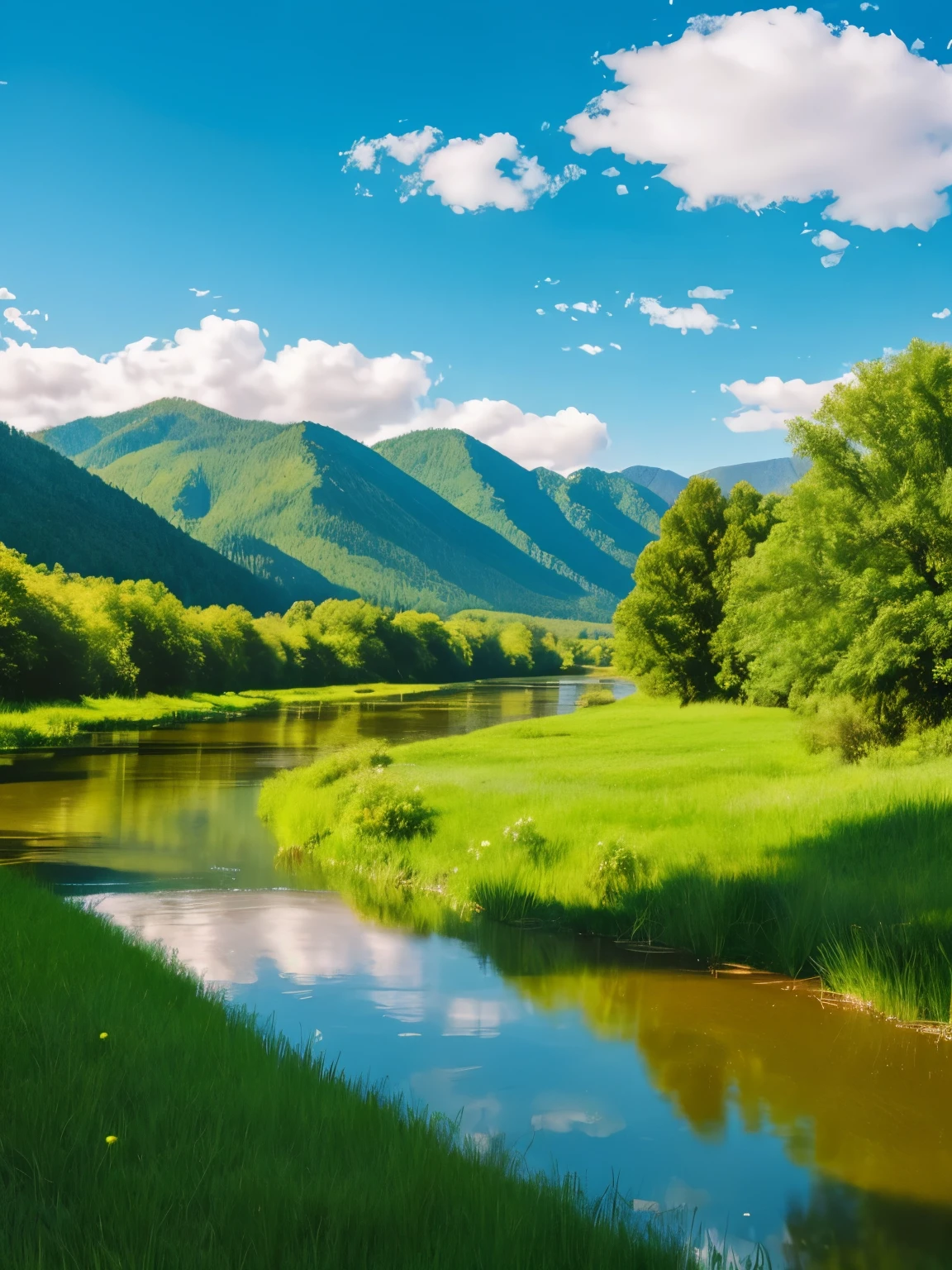 A fantastic sky, a quietly flowing river, and beautiful green mountains々