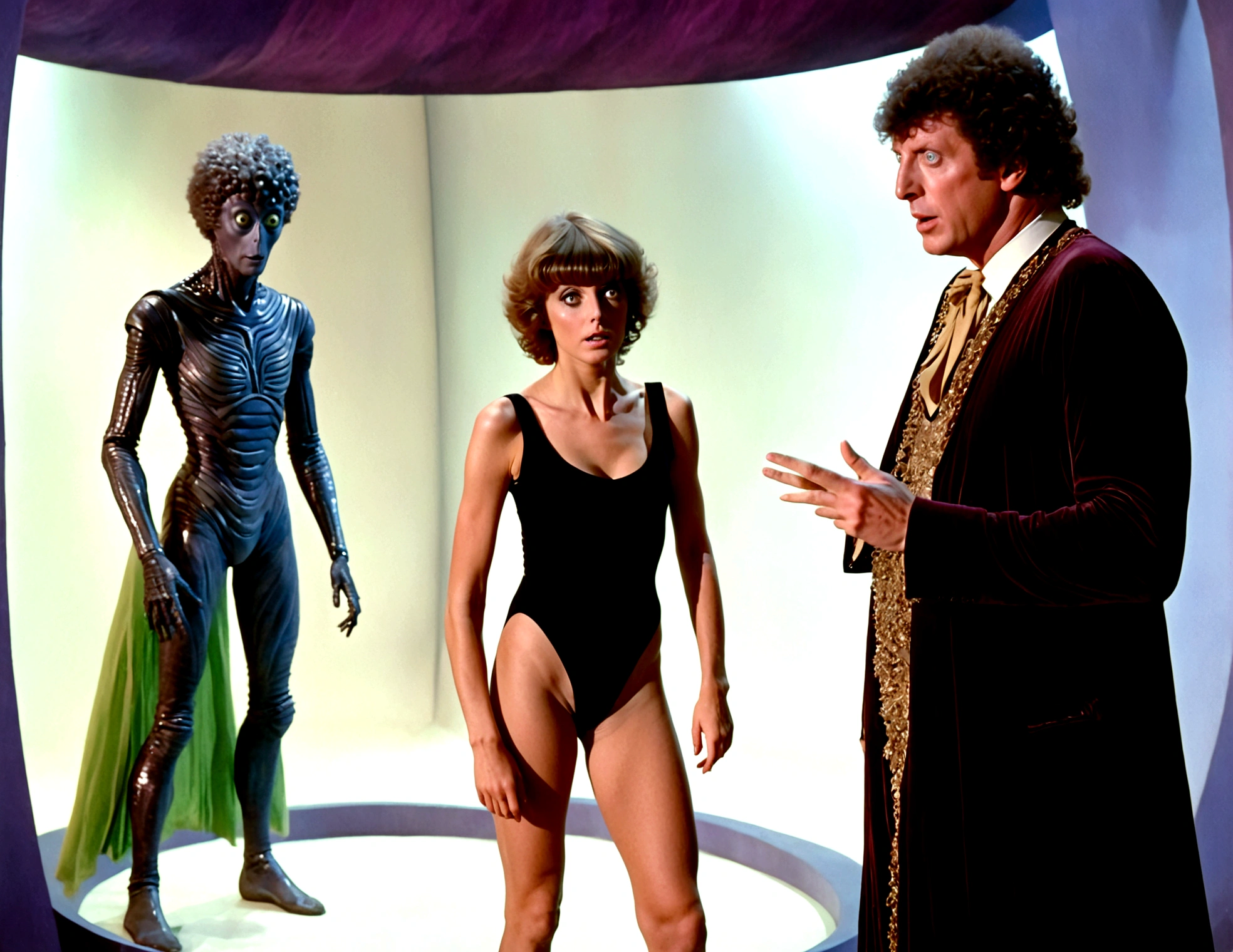 Tom Baker Doctor Who 1980, is arguing with a cyber man, his companion  (a swift woman, alien sexy leotard) stands quietly behind him
