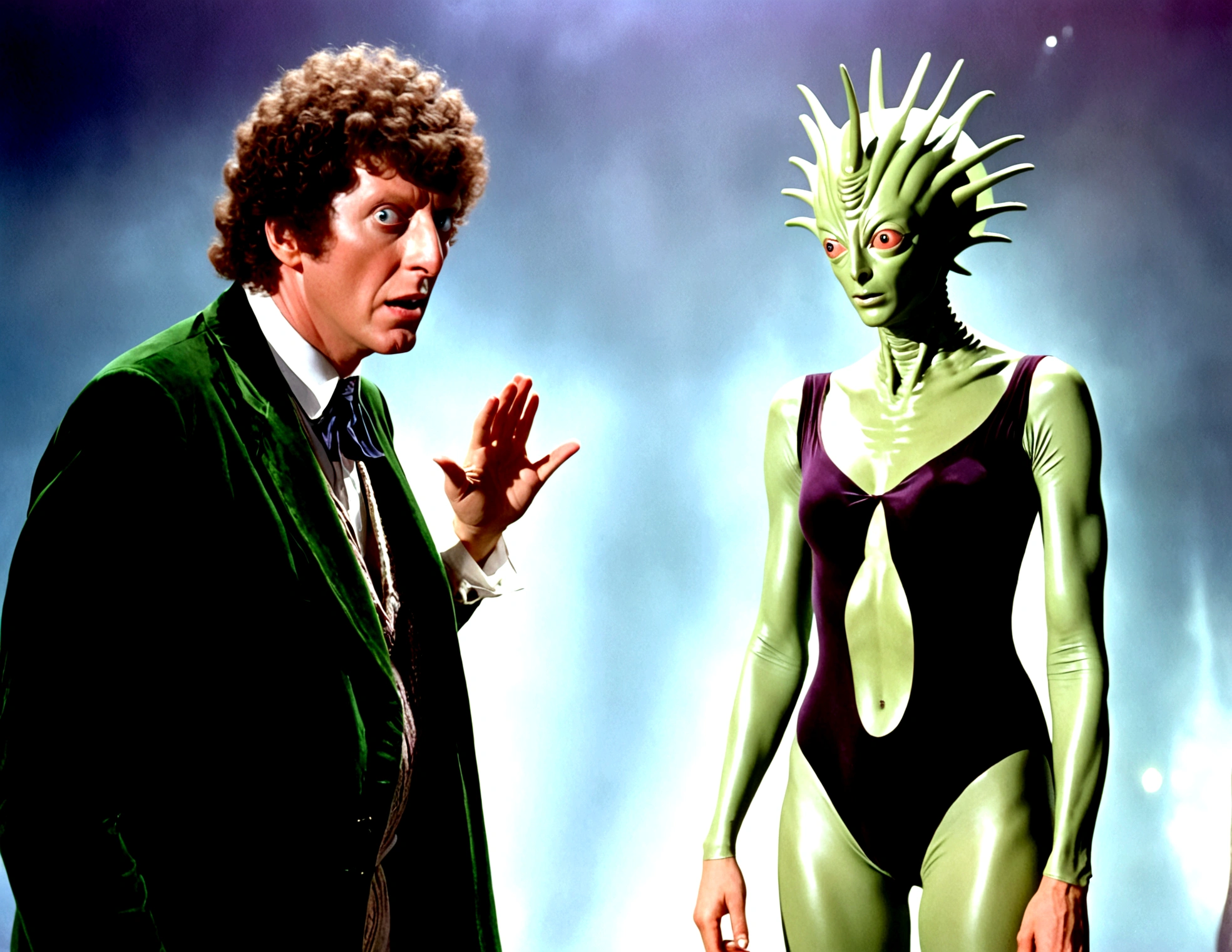 Tom Baker Doctor Who 1980, is arguing with a cyber man, his companion  (a swift woman, alien sexy leotard) stands quietly behind him
