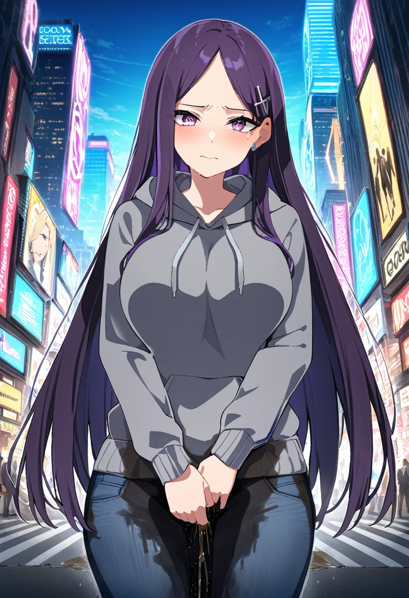 (masterpiece:1.37), best quality, (extremely detailed:1.37), (1girl:1.5), woman, (mature:1.5), (adult:1.5), large breasts, very long hair, (straight hair:1.5), (very dark purple hair:1.5), purple eyes, (extremely detailed eyes:1.37), hoodie, jeans, desperation, (wetting self:1.5), standing, embarrassed, humiliation, blushing, angry, city, futuristic, neon lighting, high-tech, street, skyscraper