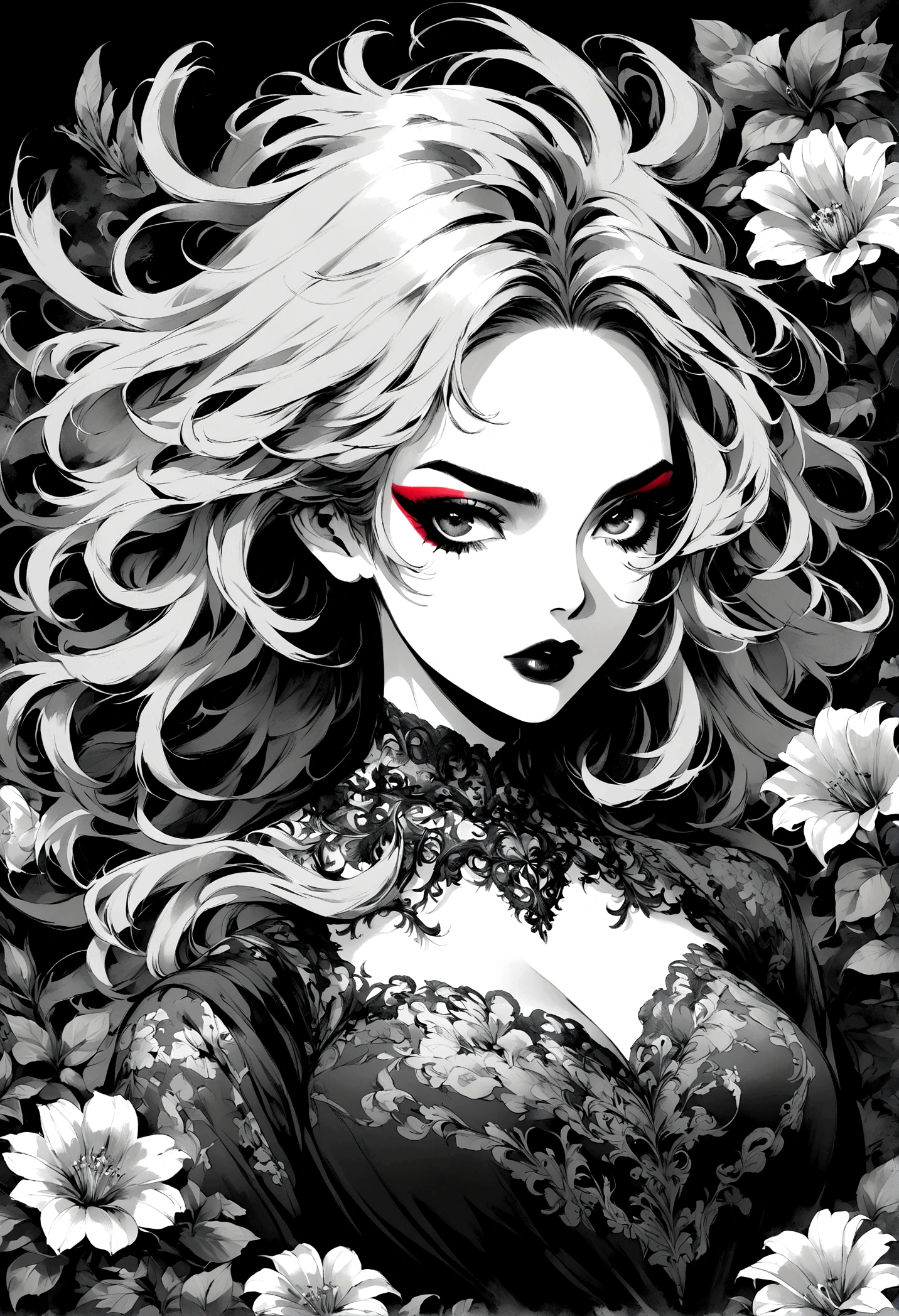 Create digital artwork in pop art style, Featuring a dynamic and confident woman,She wears bold makeup,Wear colorful clothing, coloring scheme, Surrounded by vintage flower motifs, Vibrant brushstrokes,Emotions should be active, Upper Body, , illustration, Grayscale