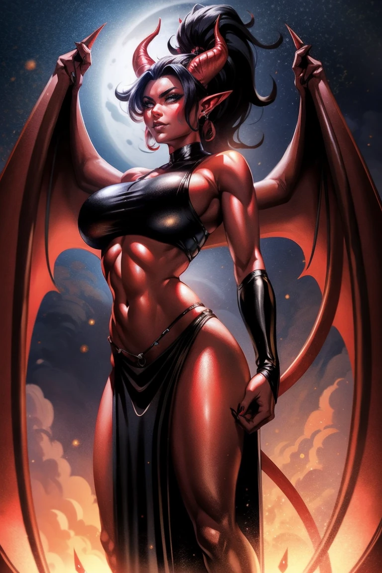 Red skin succubus tiefling, medium breasts, black horns, wings, huge tail, black leather, crop top, long flowing pelvic curtain, tall, athletic, graceful, thin, long black ponytail. Glamour shot. Dark romantic scene, night sky.