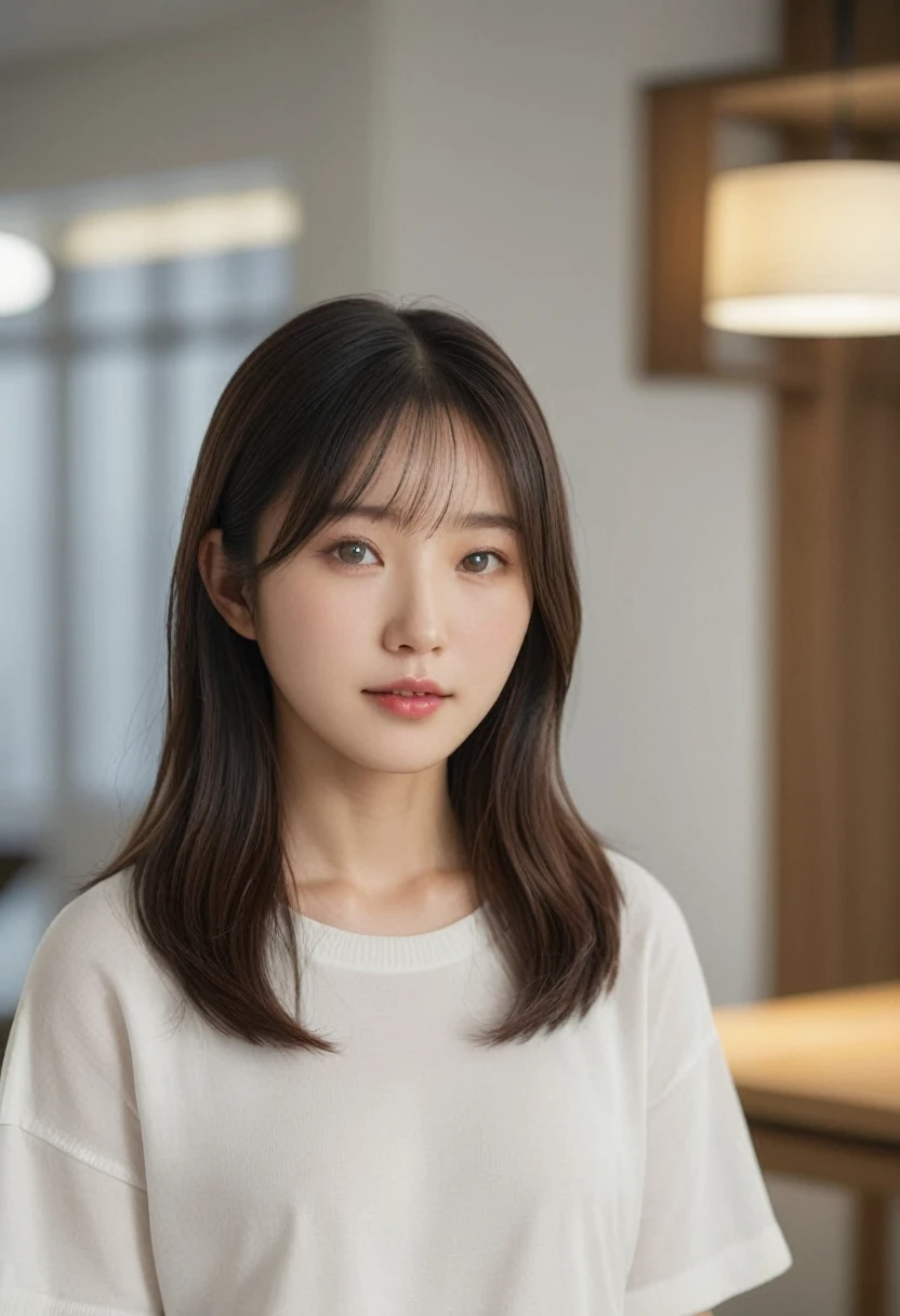 (Portrait: 1.3), (photo realistic:1.4), Sharp Focus, looking at viewer, (smoother lighting:1.1), (increase cinematic lighting quality:0.9), realistic lighting, light on face, ray trace, (brightening light:1.2), (Increase quality:1.4), sharp detail, (best quality real texture skin:1.4), finely detailed eyes, black_eyes, finely detailed face, 22 year old Korean woman, (hyper realistic:1.4), backlighting, high Quality, 8k, Masterpiece
