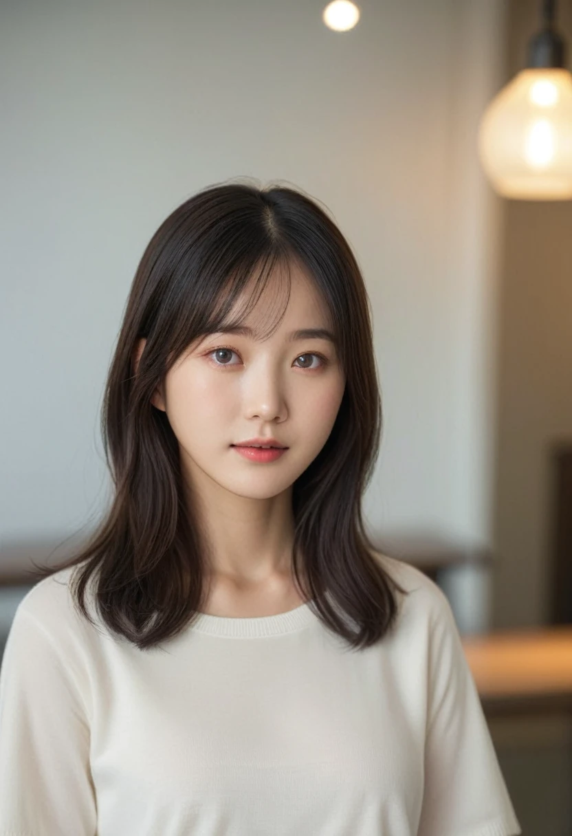 (Portrait: 1.3), (photo realistic:1.4), Sharp Focus, looking at viewer, (smoother lighting:1.1), (increase cinematic lighting quality:0.9), realistic lighting, light on face, ray trace, (brightening light:1.2), (Increase quality:1.4), sharp detail, (best quality real texture skin:1.4), finely detailed eyes, black_eyes, finely detailed face, 22 year old Korean woman, (hyper realistic:1.4), backlighting, high Quality, 8k, Masterpiece