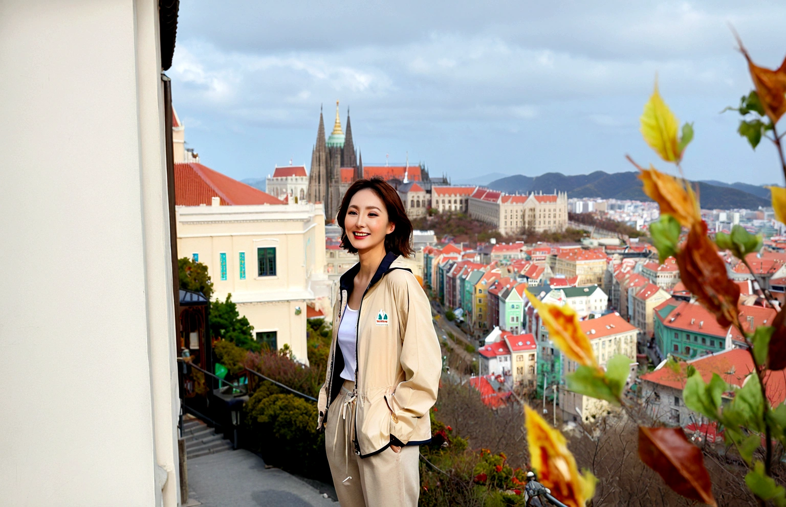 k Best picture quality, Beautiful 36-year-old Korean woman, You have good skin and big and pretty eyes.... Chest size 34 inches, Short hair and hair blowing in the wind, Wear a high-end, luxury windbreaker over your t-shirt.. beige casual pants, i am smiling. The Hungary background is realistic and vivid quality.. Standing on a hill overlooking the cathedral. the background is clear, Short and slim Korean woman,