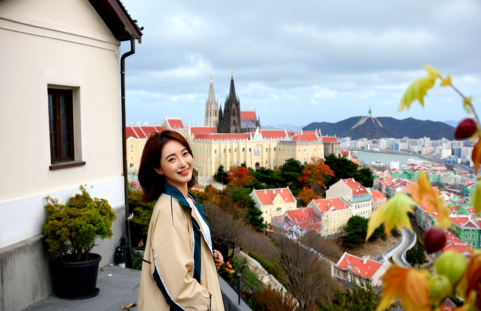 k Best picture quality, Beautiful 36-year-old Korean woman, You have good skin and big and pretty eyes.... Chest size 34 inches, Short hair and hair blowing in the wind, Wear a high-end, luxury windbreaker over your t-shirt.. beige casual pants, i am smiling. The Hungary background is realistic and vivid quality.. Standing on a hill overlooking the cathedral. the background is clear, Short and slim Korean woman,