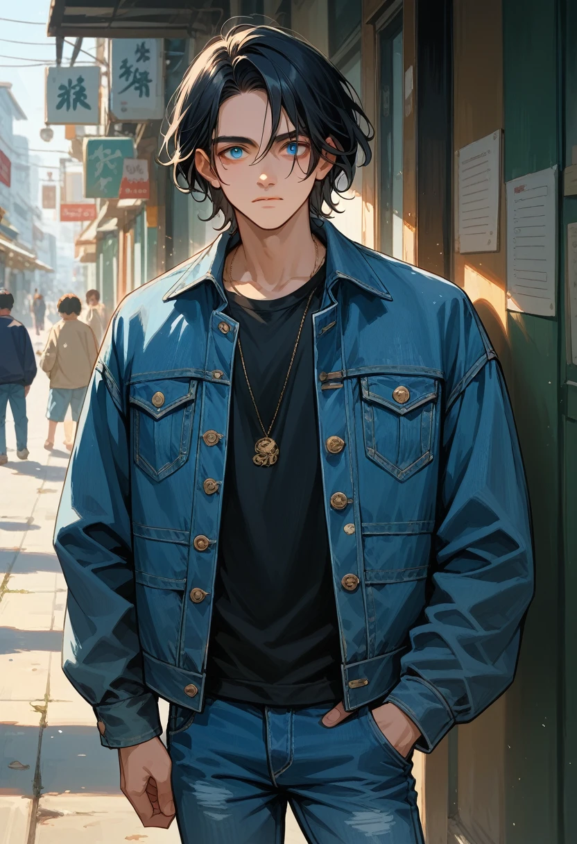 23 year old young man, smooth fur, medium hair, black hair, good features, denim jacket, playera negra sencilla debajo de la denim jacket, blue jeans,