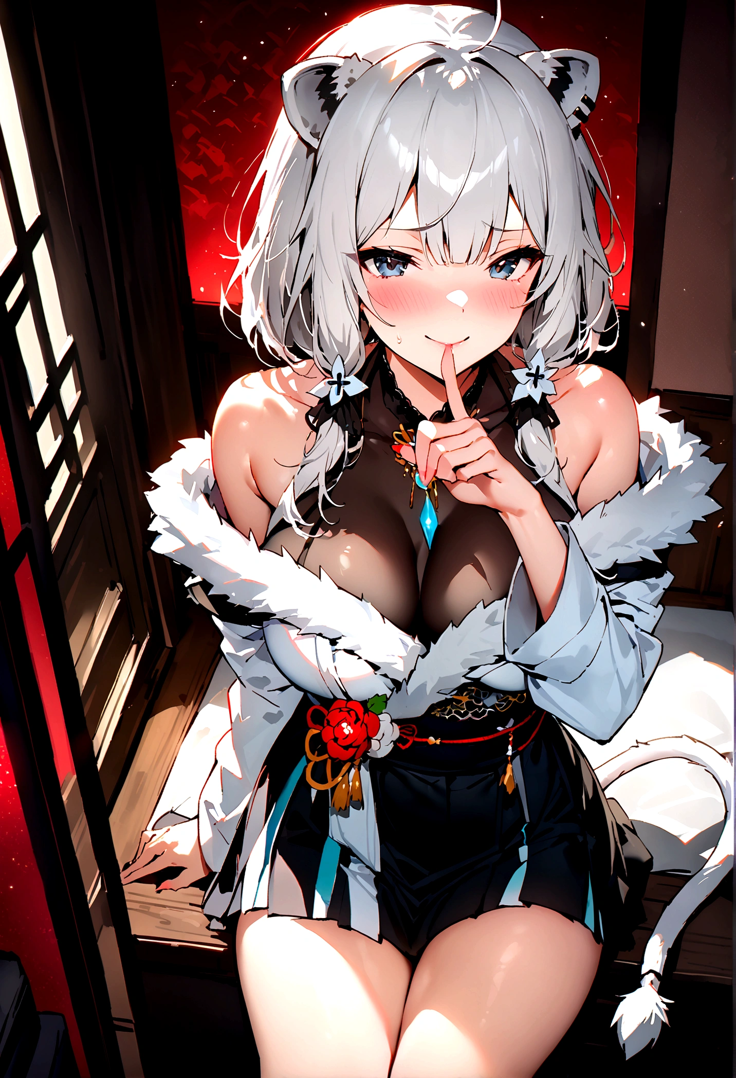 NSFW,masterpiece,Highest quality,High resolution,Super detailed,Shishirabotan\(Hololive\),Double Odango、flower、Side Lock、Lion's tail、White kimono、Off the shoulder、fur ornament、Black Hakama、Short skirt,Bad smile,blush,Prostitute,(Red light district),Japanese-style room,Sexy pose,(Seduce),Sitting,heart,Throw kiss,From above