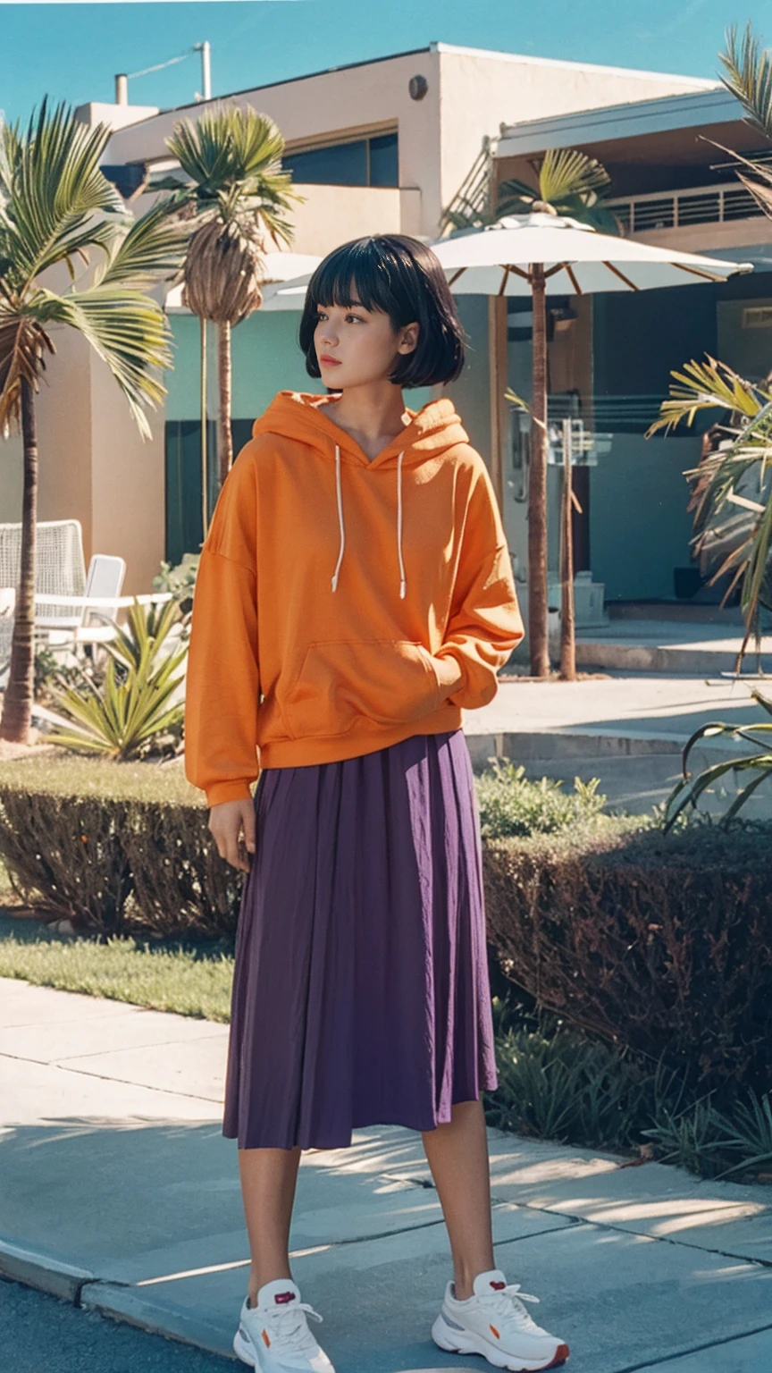 long shot portrait of cute 23 yo girl ,wear ((orange color oversized_hoodie)), wear ((purple tennis skirt)),looking front,Best Quality,Masterpiece,Ultra High Resolution,(Realisticity:1.4),Original Photo, 1Girl, light leak,ultra high resolution,UHD,beautiful, (black bob hair), almond eye, no makeup, in front of (80's mondrian architecture motel), (realistic:1.2), (surreal:1.3), (very detailed:1.1), ((masterpiece)),summer, blue sky, palm trees,sunny, los angles vibes,film camera, 800mm lens,style of Philip Lorca diCorcia