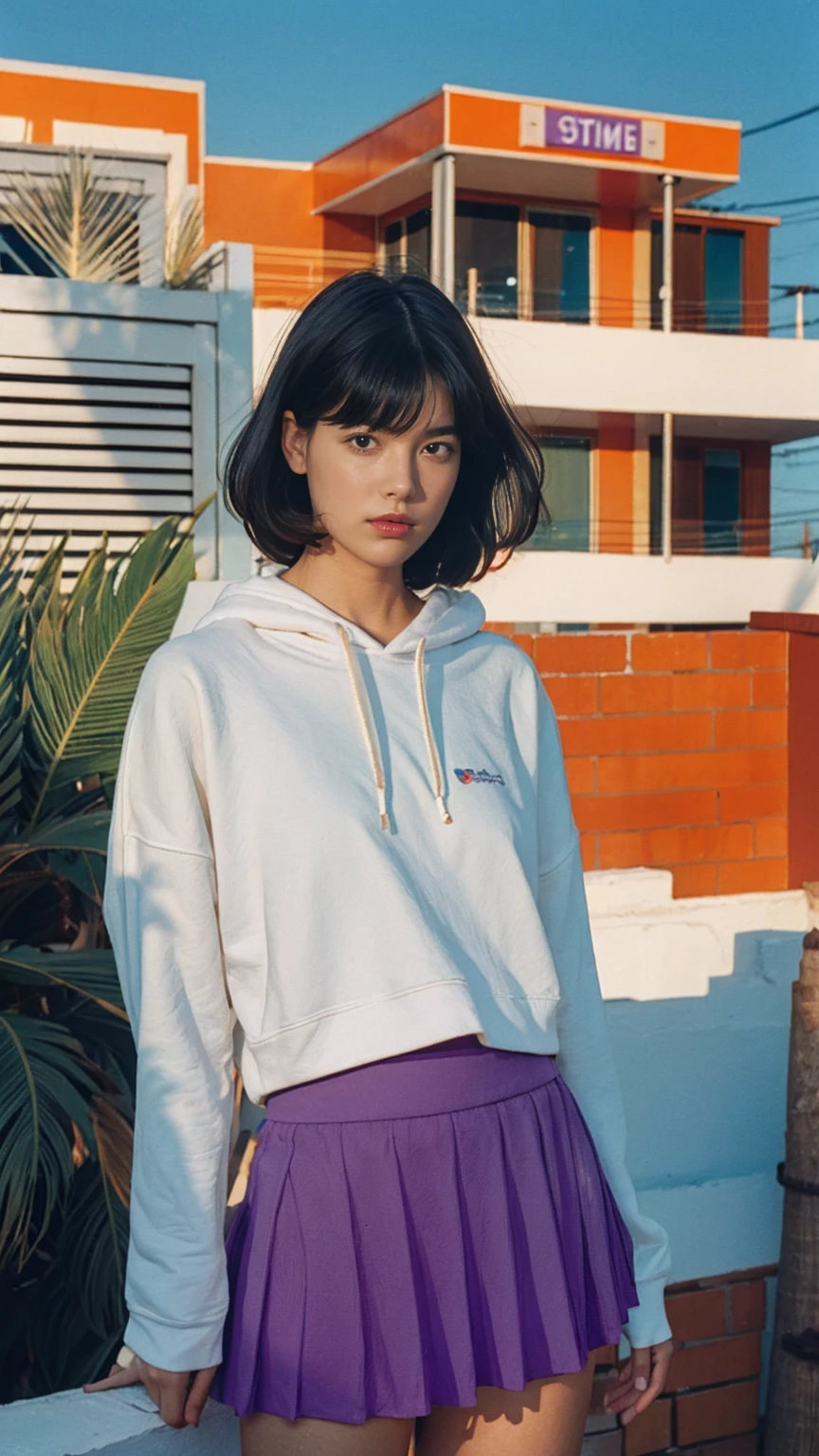 long shot portrait of cute 23 yo girl ,wear ((orange color oversized_hoodie)), wear ((purple tennis skirt)),looking front,Best Quality,Masterpiece,Ultra High Resolution,(Realisticity:1.4),Original Photo, 1Girl, light leak,ultra high resolution,UHD,beautiful, (black bob hair), almond eye, no makeup, in front of (80's mondrian architecture motel), (realistic:1.2), (surreal:1.3), (very detailed:1.1), ((masterpiece)),summer, blue sky, palm trees,sunny, los angles vibes,film camera, 800mm lens,style of Philip Lorca diCorcia
