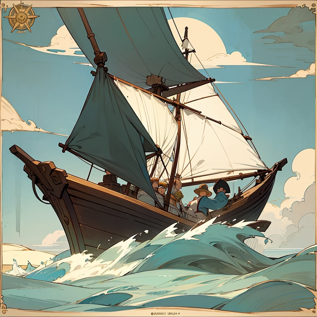 Create a detailed 2D illustration of a map featuring several islands scattered across a wide ocean, inspired by the One Piece anime. Each island should be uniquely shaped and include features such as mountains, forests, rivers, and beaches, depicted in a stylized, map-like manner. The islands should have clear labels with names in an elegant, handwritten font. In the ocean, include a classic wooden sailing boat with white sails, resembling the Going Merry or Thousand Sunny from One Piece, positioned near one of the islands. Add iconic elements from the One Piece world, such as the Straw Hat Pirates' Jolly Roger, sea monsters, and a compass rose in the style of a Log Pose. The map should have a vintage, nautical theme with decorative borders. Use a color palette that includes earthy tones for the land and various shades of blue for the ocean, evoking an adventurous and whimsical charm.