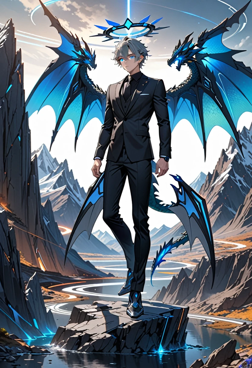 masterpiece, highest quality, highest resolution, clear_image, detailed details, gray hair, 1 boy, glowing blue eyes, dragon wings, futuristic halo, black suit, full body, no water marks, handsome. mountain, no extra limps, no extra body