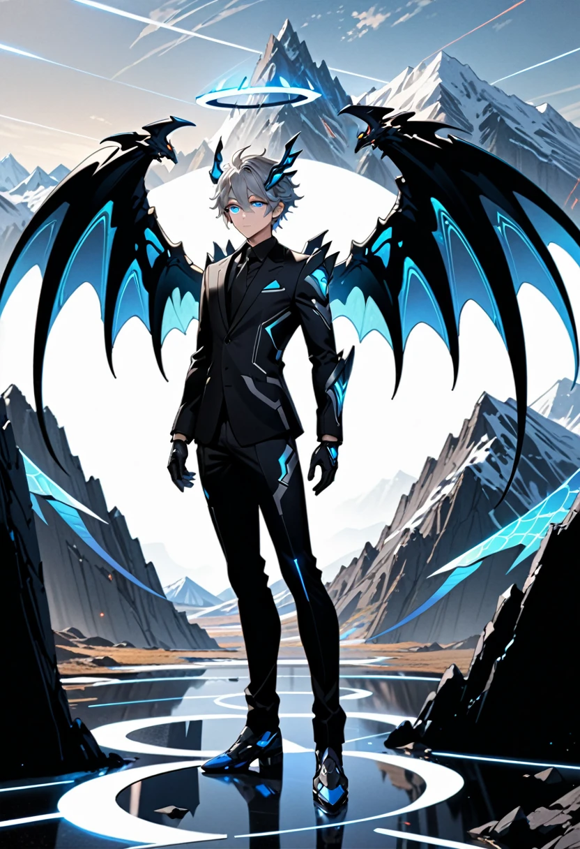 masterpiece, highest quality, highest resolution, clear_image, detailed details, gray hair, 1 boy, glowing blue eyes, dragon wings, futuristic halo, black suit, full body, no water marks, handsome. mountain, no extra limps, no extra body