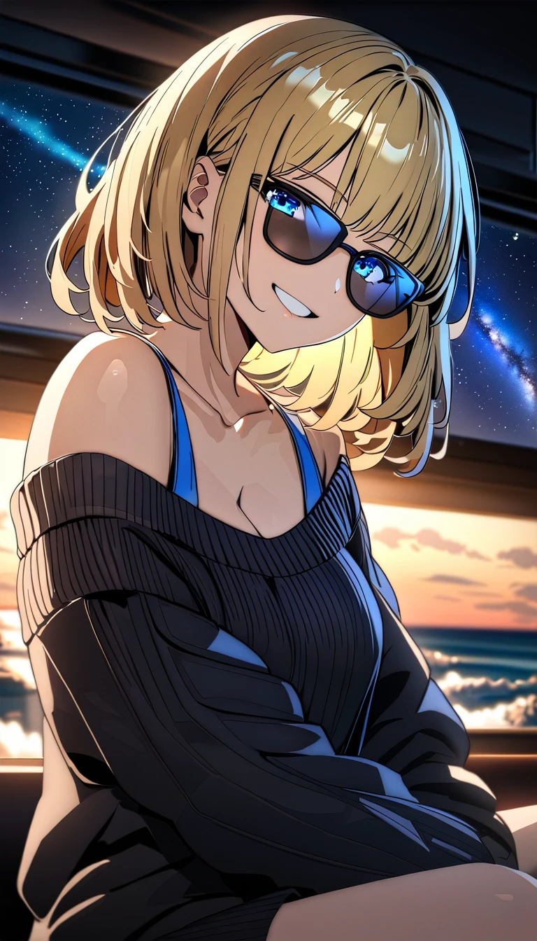 ((grin)), ((off-shoulder sweater:1.3, Quite thick shoulder straps)), ((black sweater)), ((blond hair, bob cut:1.3)), ((sunglasses, hand to sunglasses)), (((from side))), ((((upper body)))), bare legs, ((Leaning to side)), (((a beautiful starry sky, the Milky Way shining beautifully in the night))), ((sitting on the very high cliff)), wavy hair, inward curled hair, ((sea, nature)), breasts, teenager, (looking at viewer), oversized clothes, puffy long sleeves, collarbone, head tilt:1.3, (((blue eyes))), happy smile, (((anime style))), (best quality, 4K, 8K, highres, masterpiece:1.2, ultra-detailed, ultra-detailed eyes, HDR, uhd, studio lighting, ultra-fine painting, sharp focus, physically-based rendering, extreme detail description, professional, vivid colors, bokeh)