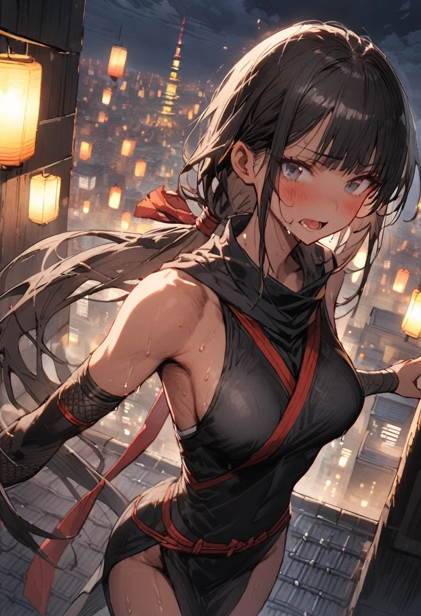Action Scenes、(A woman fighting countless monsters),((masterpiece,Highest quality:1.3,best quality illustration)), 独奏,1woman,(Mature Japan beauties)、black hair,(low ponytail hair style),long hair,blunt bangs,black eyes,gorgeous eyes,((very small head:1.3)),blush,Triumphant,((very long body:1.2)),medium breasts,(tan skin), (gleaming skin,toned body,slender body, skinny、Sweat),(Female Ninja Costume、A simple, patternless black kimono、Black ide slits),standing,rooftop of high-rise building、Moonlit Night、Tokyo、
