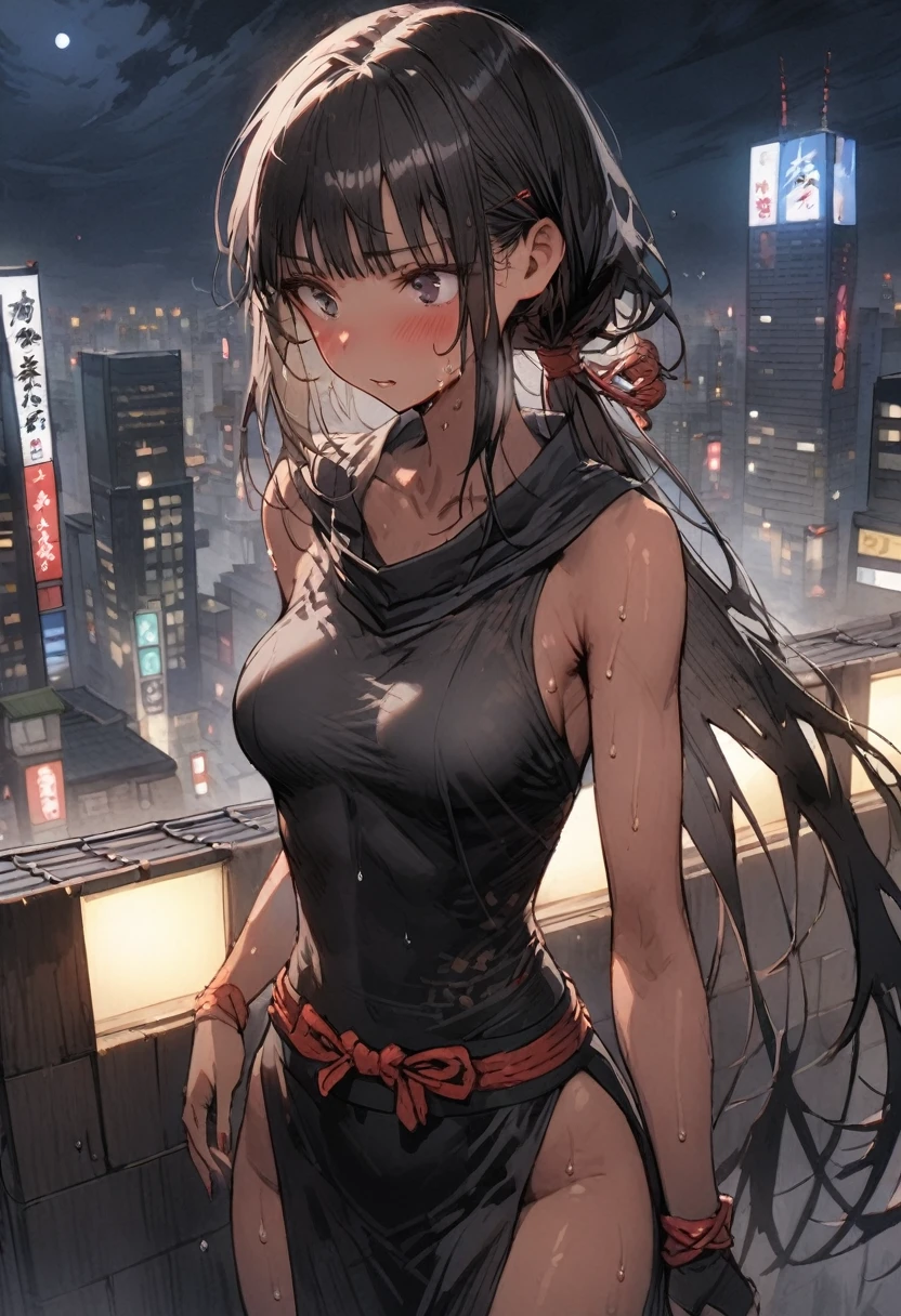 Action Scenes、(A woman fighting countless monsters),((masterpiece,Highest quality:1.3,best quality illustration)), 独奏,1woman,(Mature Japan beauties)、black hair,(low ponytail hair style),long hair,blunt bangs,black eyes,gorgeous eyes,((very small head:1.3)),blush,Triumphant,((very long body:1.2)),medium breasts,(tan skin), (gleaming skin,toned body,slender body, skinny、Sweat),(Female Ninja Costume、A simple, patternless black kimono、Black ide slits),standing,rooftop of high-rise building、Moonlit Night、Tokyo、