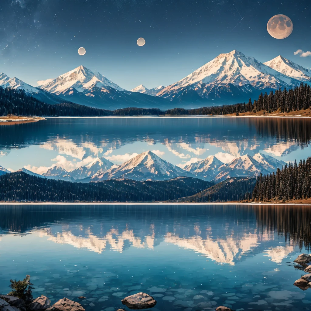 Large lake on the left、On the right is the mountain and the moon