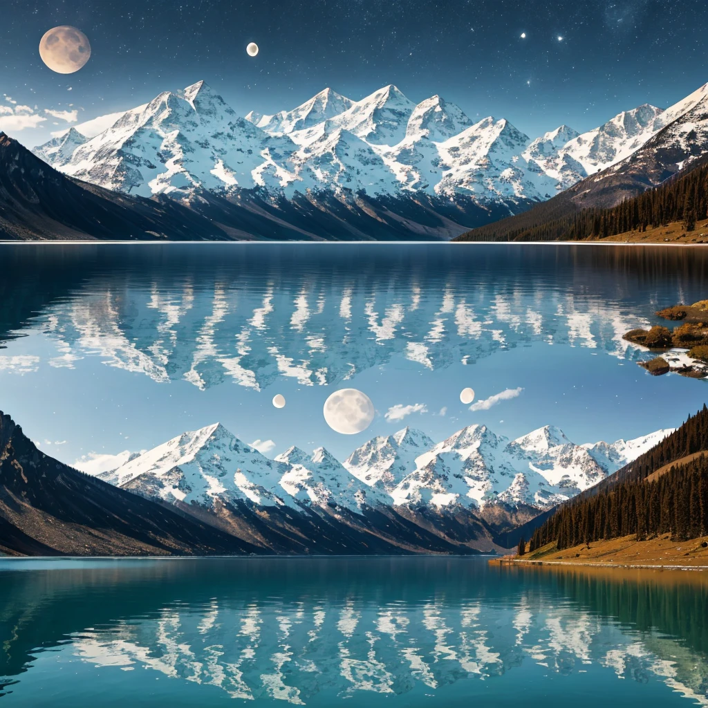 Large lake on the left、On the right is the mountain and the moon