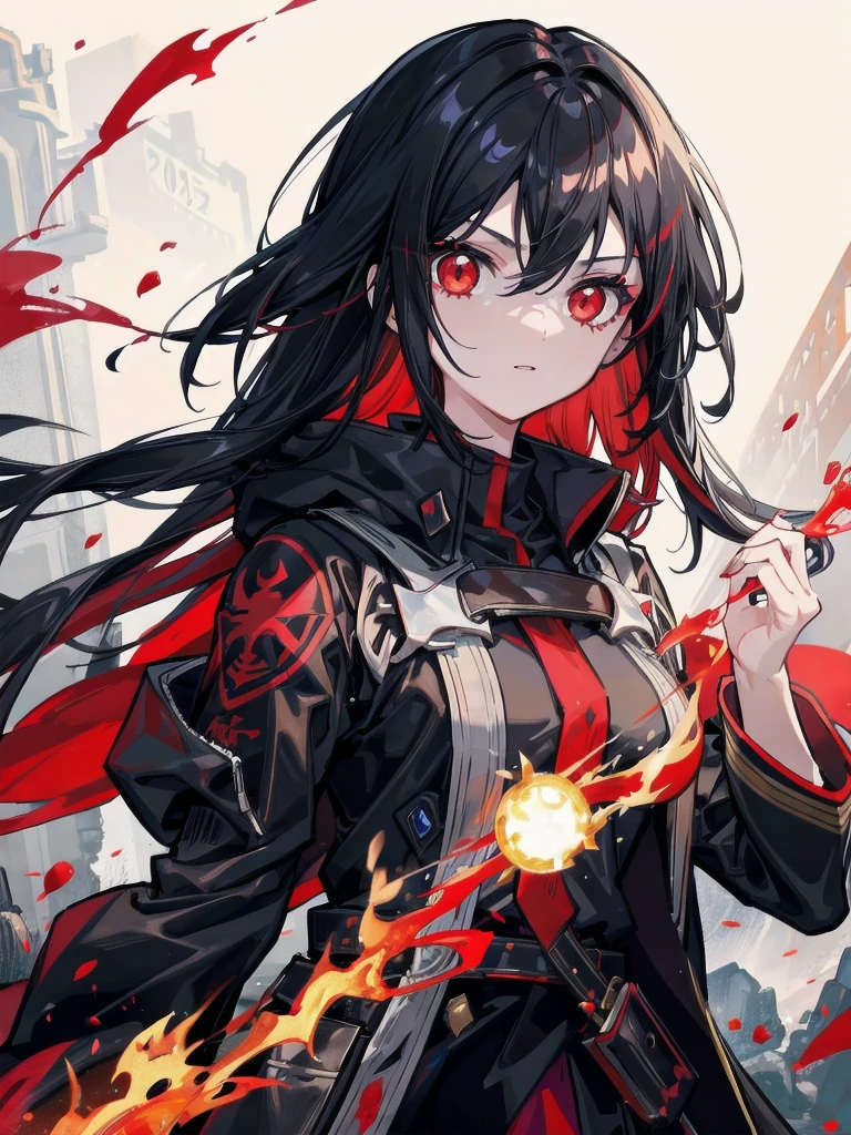 1girl, black hair, red eyes, fire witch, blood, denoising of strength:1.32, light particles, light rays, wallpaper, high contrast, colorful,