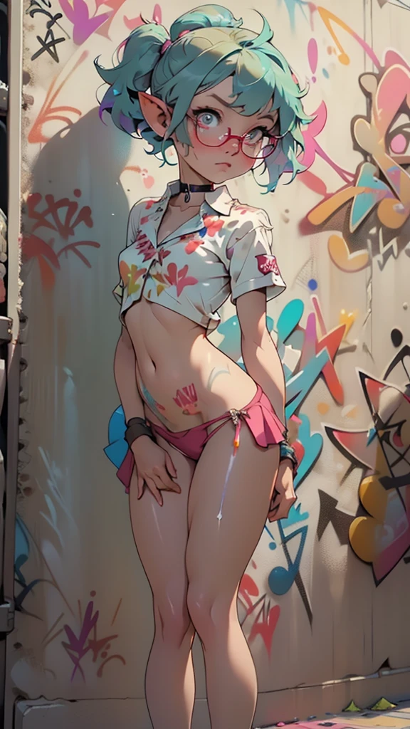 choker, (graffiti:1.5), paint splatter, arms behind back, against wall, looking at viewer, armband, thigh strap, paint on body, pink wing, head tilt, bored, multicolored hair, headset,slim body pink polkadot bubble design, psycho, cool pose, left crab arms, zooble, cool sit pose, abstract triangular shapes, clown vibe, no emotion, no sooul,Masterpiece, Best quality, 8K, Cinematic light,tchibi, 1girl,full bodyesbian,Russian,extra very short hair, ((rainbow hair)), ((micro thong)), ((aqua eyes)), intricate eyes,beautiful detailed eyes,symmetrical eyes,ponytail,(pointed ears),round frame glasses,wide hips,Pouting expression, cute, ((thigh_strap)),anime girl,(((liquid paint hair:1.1))), lustrous skin:1.5,bright skin: 1.5,skin tanned,shiny skin,very shiny skin,shiny body,illuminated skin,wet skin,long pigtails, twin pigtails, school girl skirt, open shirt, unbuttoned shirt, shirt unbuttoned and open exposed breasts, embarrassed, chest out, exposing breasts, bare legs, long legs, thick legs, tiny frame, small breasts, breasts out, showing, tiny uniform, shown, embarrassed expression, tsundere, breasts out, breasts exposed, navel, flashing, grabbing shirt open, grabbing shirt open to expose breasts, both hands gripping shirt, hands gripping shirt, grabbing shirt apart
Bent over, nude, arched back on knees
(nsfw:0.55), ((flat chested, flat stomach, baby face)), (intense colors),