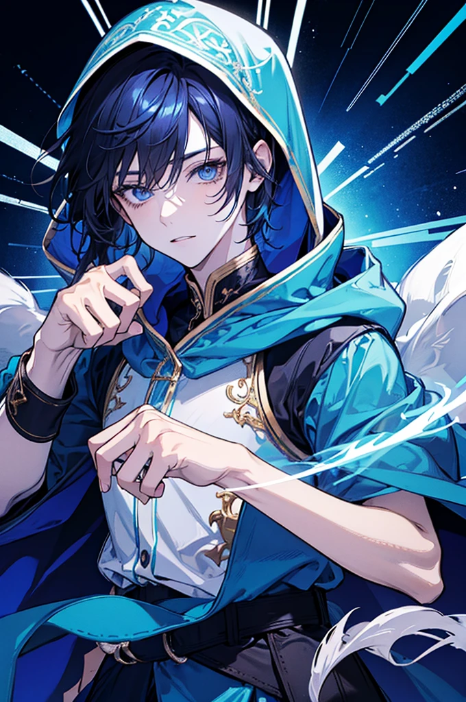Young Sorcerer Divine Soul, he has a light hair and blue eyes, he wear a hood.