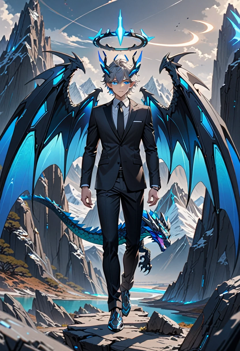 masterpiece, highest quality, highest resolution, clear_image, detailed details, gray hair, 1 boy, glowing blue eyes, dragon wings, futuristic halo, black suit, full body, no water marks, handsome. mountain, no extra limps, no extra body