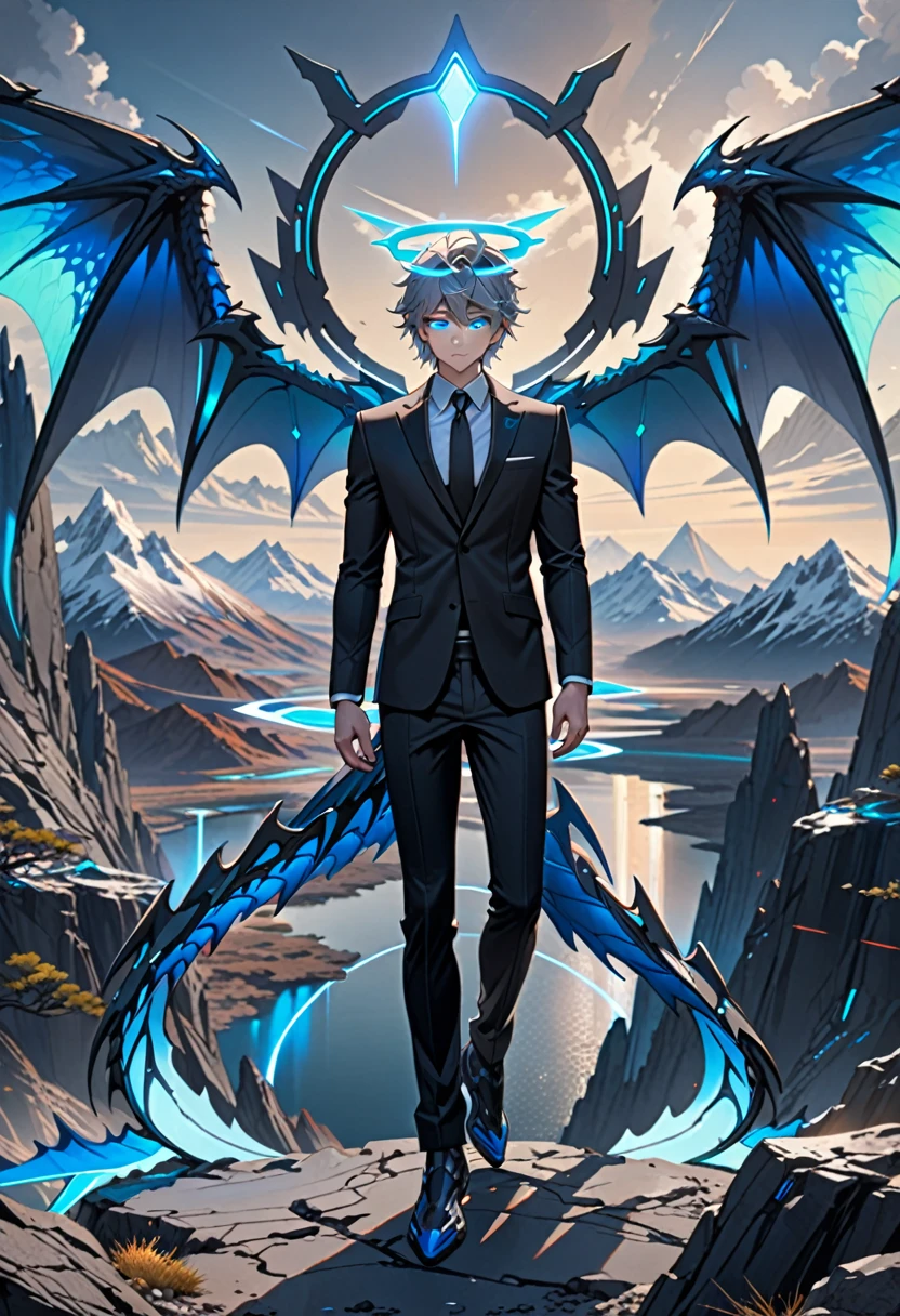 masterpiece, highest quality, highest resolution, clear_image, detailed details, gray hair, 1 boy, glowing blue eyes, dragon wings, futuristic halo, black suit, full body, no water marks, handsome. mountain, no extra limps, no extra body