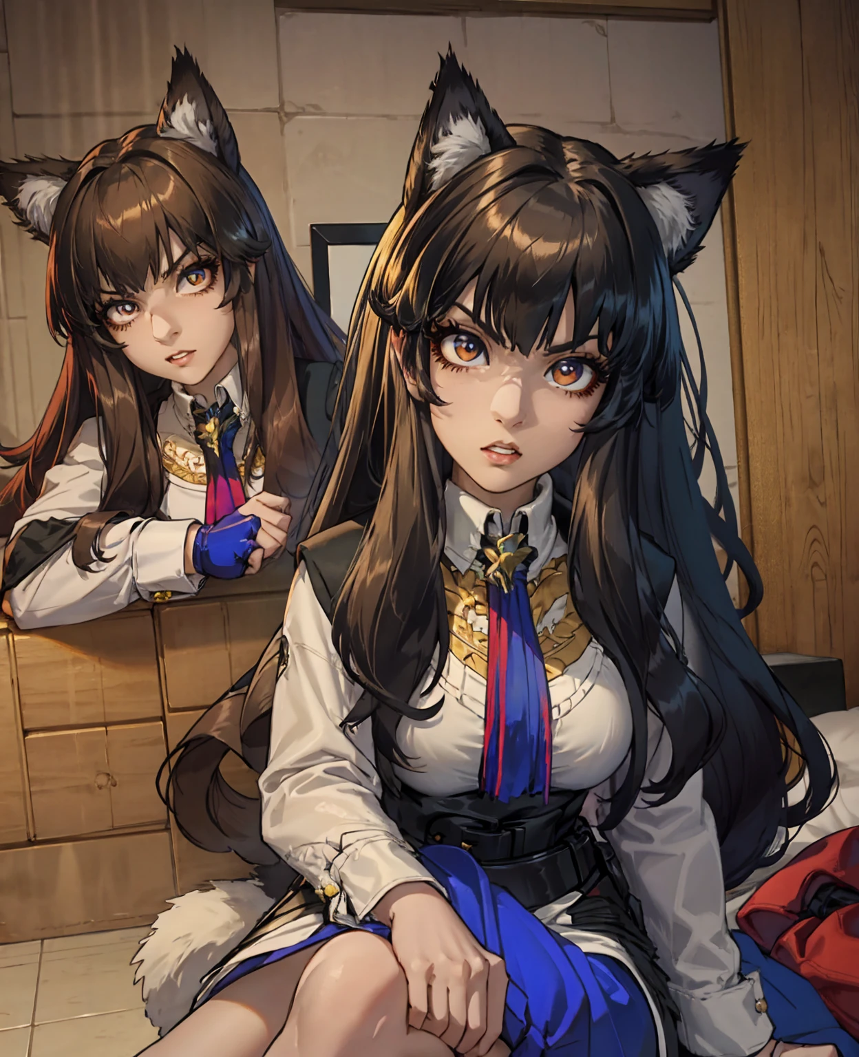 A beautiful girl with long brown hair, big bright eyes, and a cute expression, wearing a maid outfit, sitting on the floor and playing with a cat, 1girl, pet girl, maid outfit, long hair, big eyes, cute expression, playing with cat, warm lighting, photorealistic, ultra-detailed, 8k, best quality, highly detailed, intricate details, masterpiece