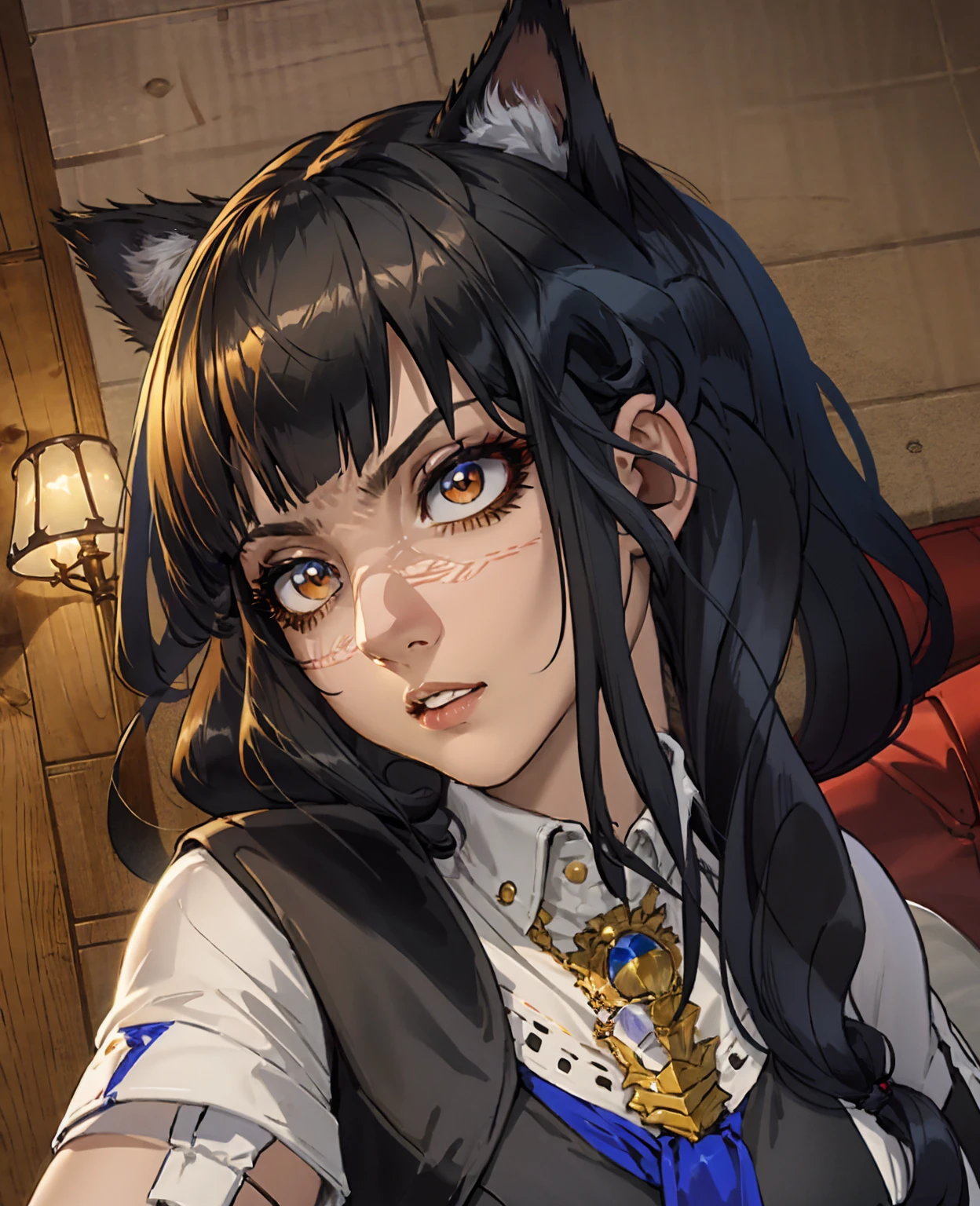 A beautiful girl with long brown hair, big bright eyes, and a cute expression, wearing a maid outfit, sitting on the floor and playing with a cat, 1girl, pet girl, maid outfit, long hair, big eyes, cute expression, playing with cat, warm lighting, photorealistic, ultra-detailed, 8k, best quality, highly detailed, intricate details, masterpiece