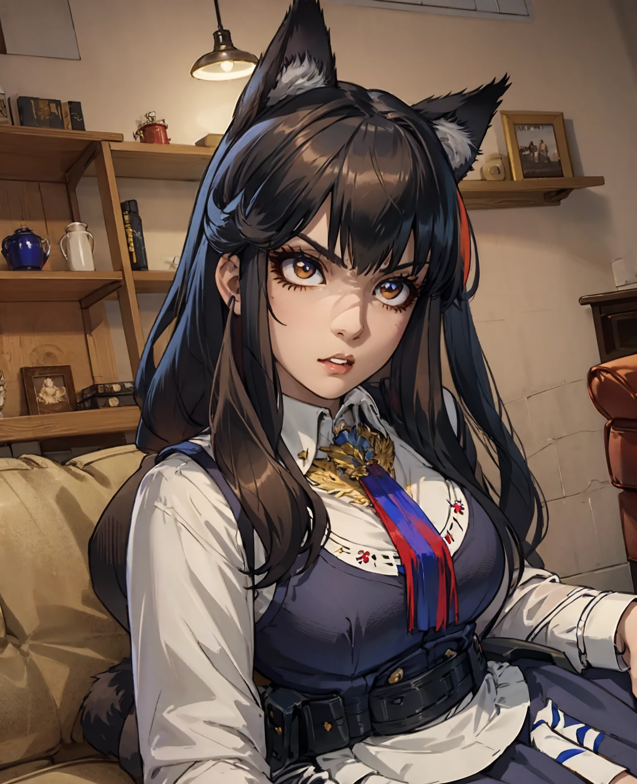 A beautiful girl with long brown hair, big bright eyes, and a cute expression, wearing a maid outfit, sitting on the floor and playing with a cat, 1girl, pet girl, maid outfit, long hair, big eyes, cute expression, playing with cat, warm lighting, photorealistic, ultra-detailed, 8k, best quality, highly detailed, intricate details, masterpiece