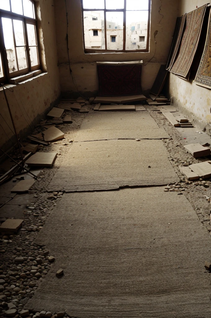 A ruined village that has a carpet shop and there are Iranian carpets in that shop, and a carpet fell on the ground...