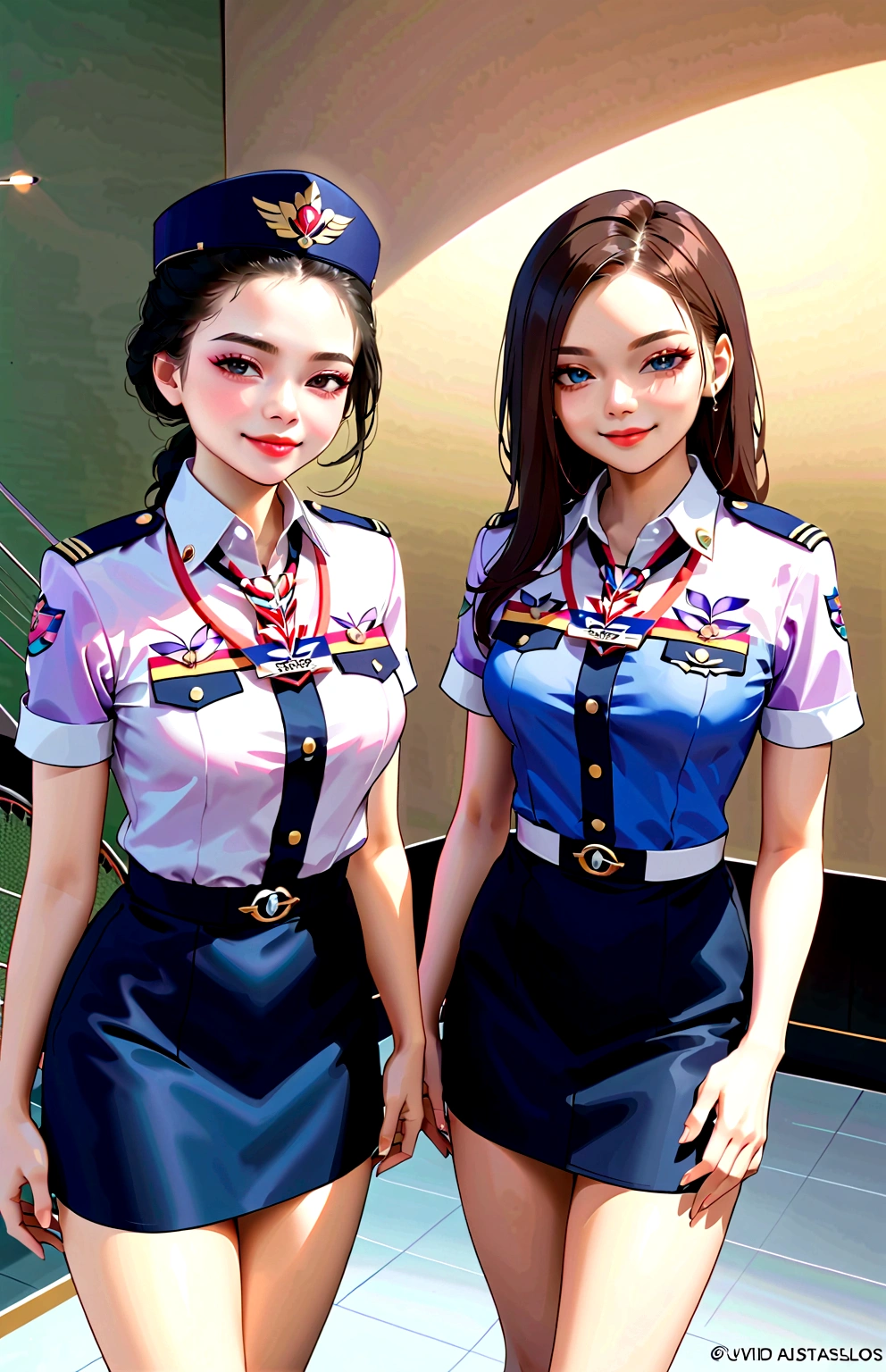 two air hostesses in uniforms, beautiful detailed eyes, beautiful detailed lips, extremely detailed eyes and face, long eyelashes, friendly smiling expressions, posed together, detailed air hostess uniform, epaulettes, ultra-detailed, best quality, 8k, highres, masterpiece:1.2, vivid colors, studio lighting, physically-based rendering
