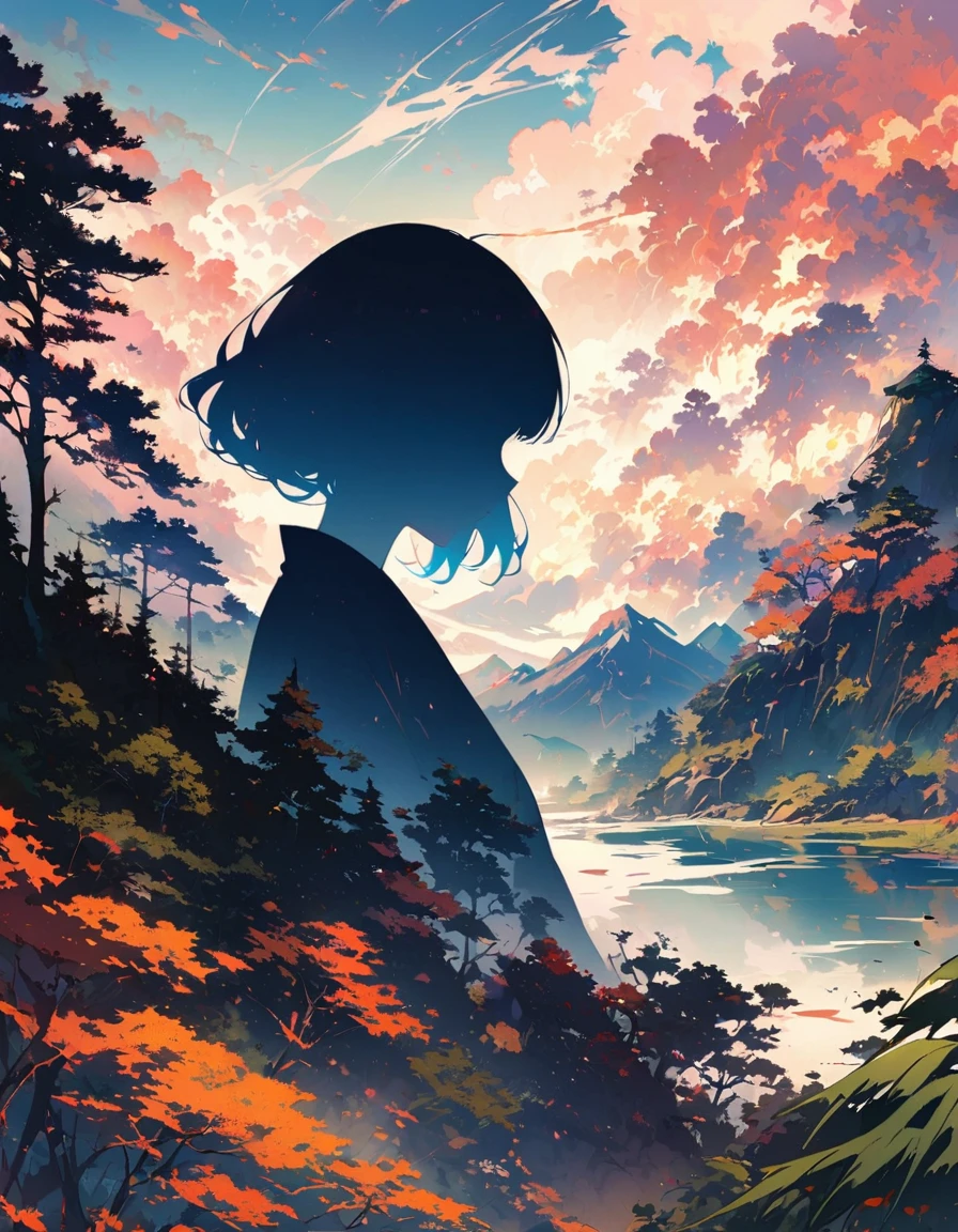 Silhouette of a girl, Lots of Japanese scenery , Modern Japanese Landscape, close, Double Exposure, White Background