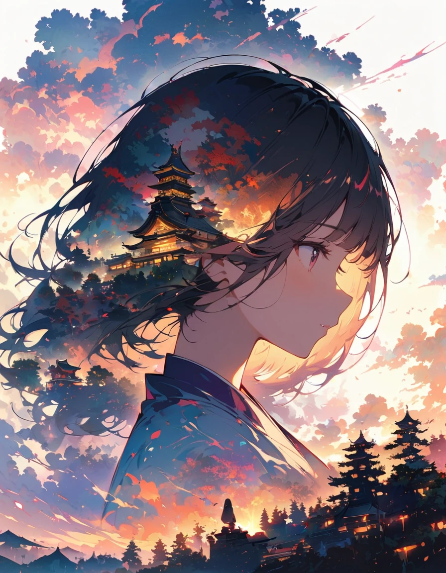 Silhouette of a girl, Lots of Japanese scenery , Modern Japanese Landscape, close, Double Exposure, White Background