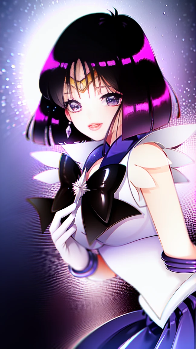 Sailor Saturn, 1 girl, Bblack hair, shorth hair, purples eyes, detailedeyes, simple background, female focus, standing alone, standing, Tomoe Hotaru, portraite, whole body, (work of art:1.0), (best qualityer:1.0) , (8 k wallpaper:1.0), (detailed gorgeous face:1.0), (detailed deep eyes), deep eyes, gazing at viewer, Sailor Scout, lilac bow on the chest, lilac skirt, whitegloves,,