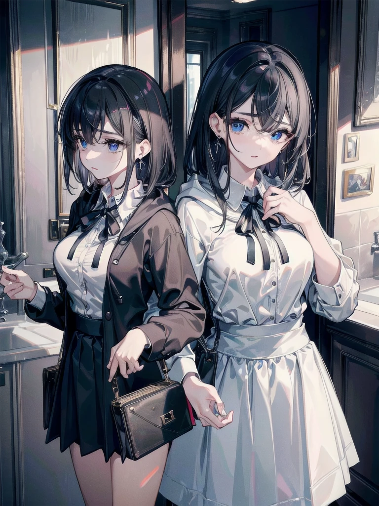 absurdres, RAW photo, extremely delicate and beautiful, masterpiece, Best Quality, ultra high resolution, 32k, hyperrealistic, ultra-detailed, delicate facial features, beautiful detailed woman, tearful mole, earring, medium breasts, full body shot, medium hair, black hair, hoodie and collared dress shirt, skirt,